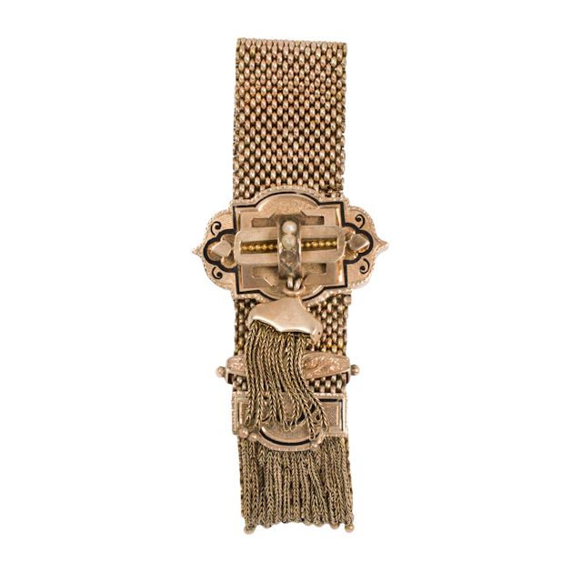 A Victorian enamel, seed pearl, and 10k gold mesh slide bracelet