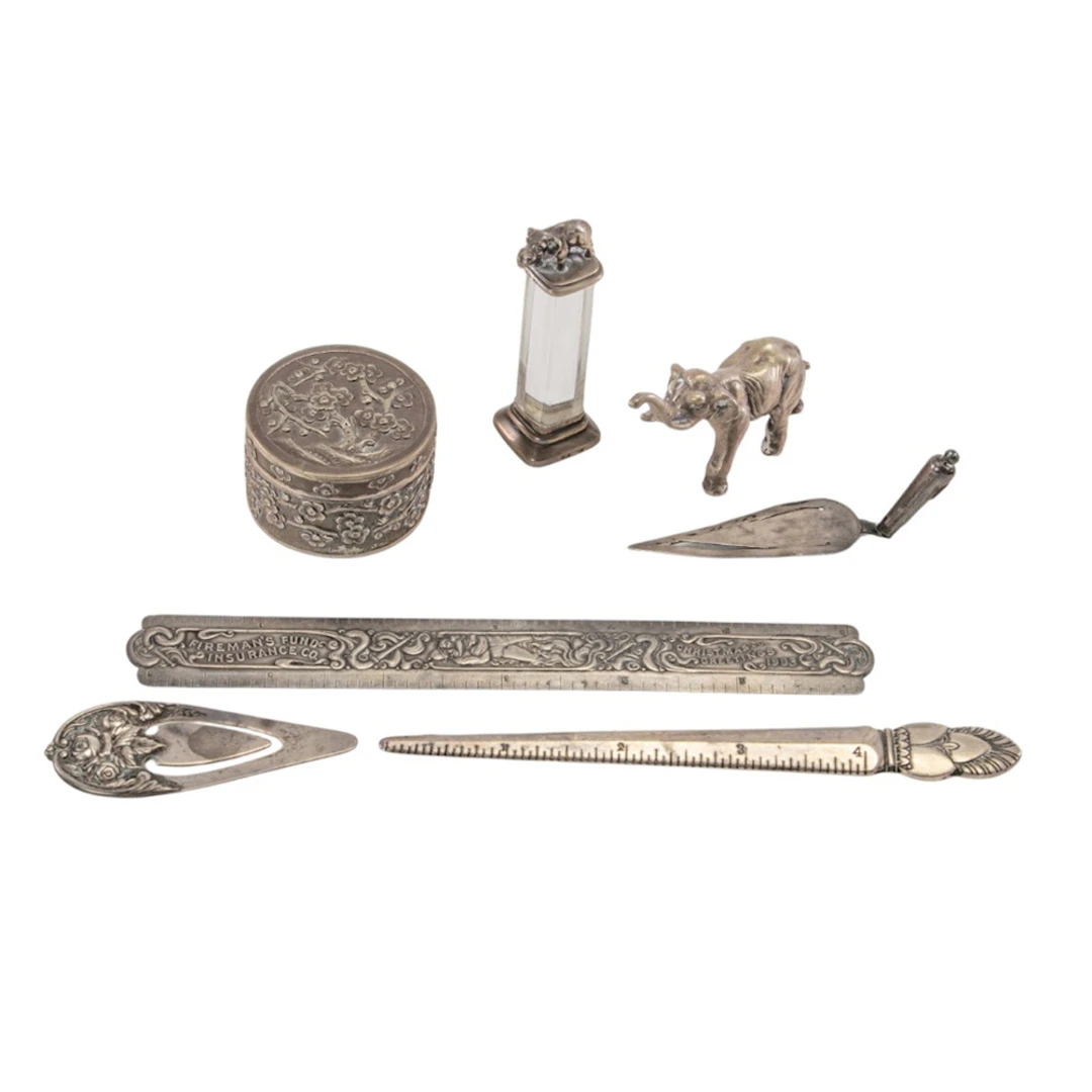 A lot of misc silver desk items