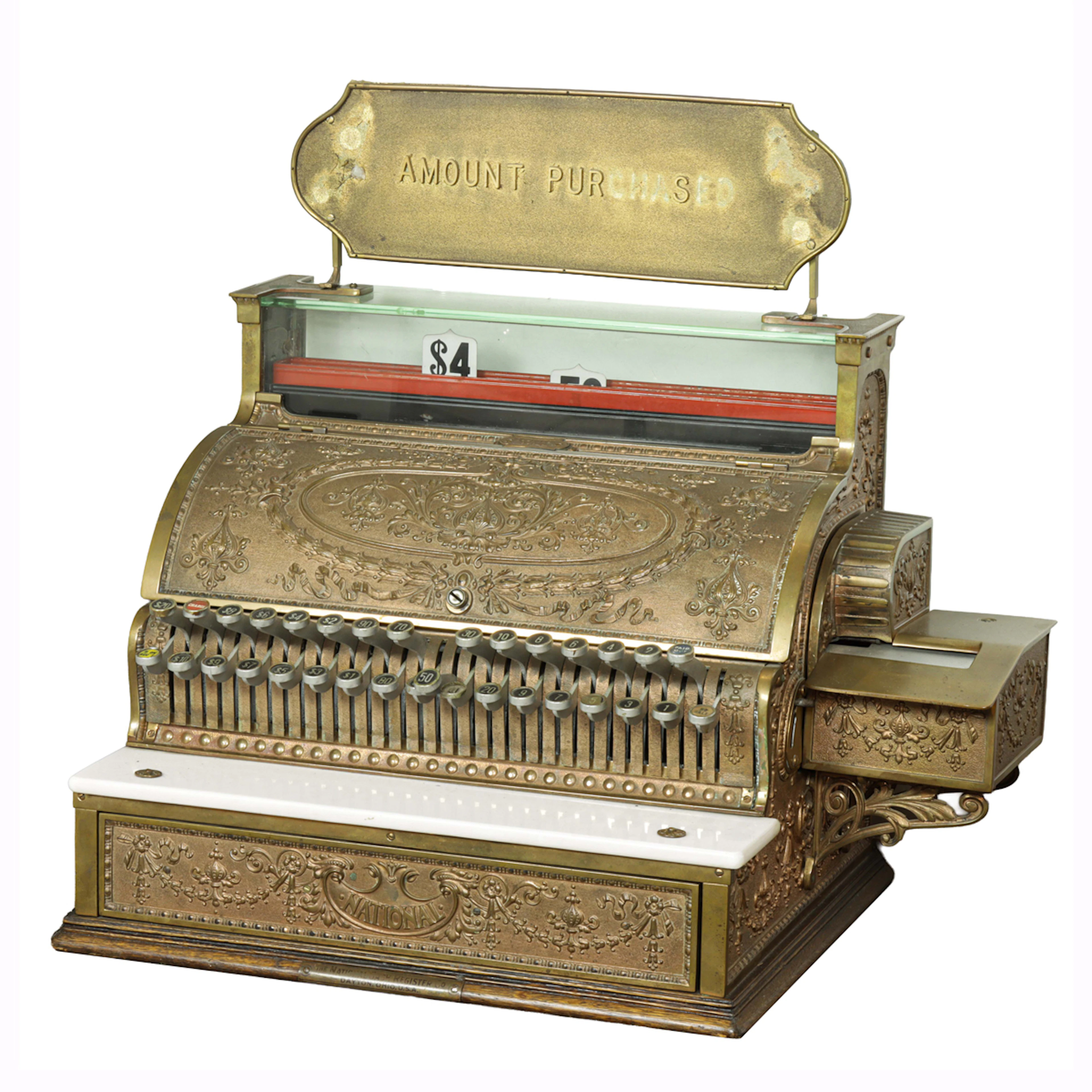 A National brass cash register with Amount Purchased marquee