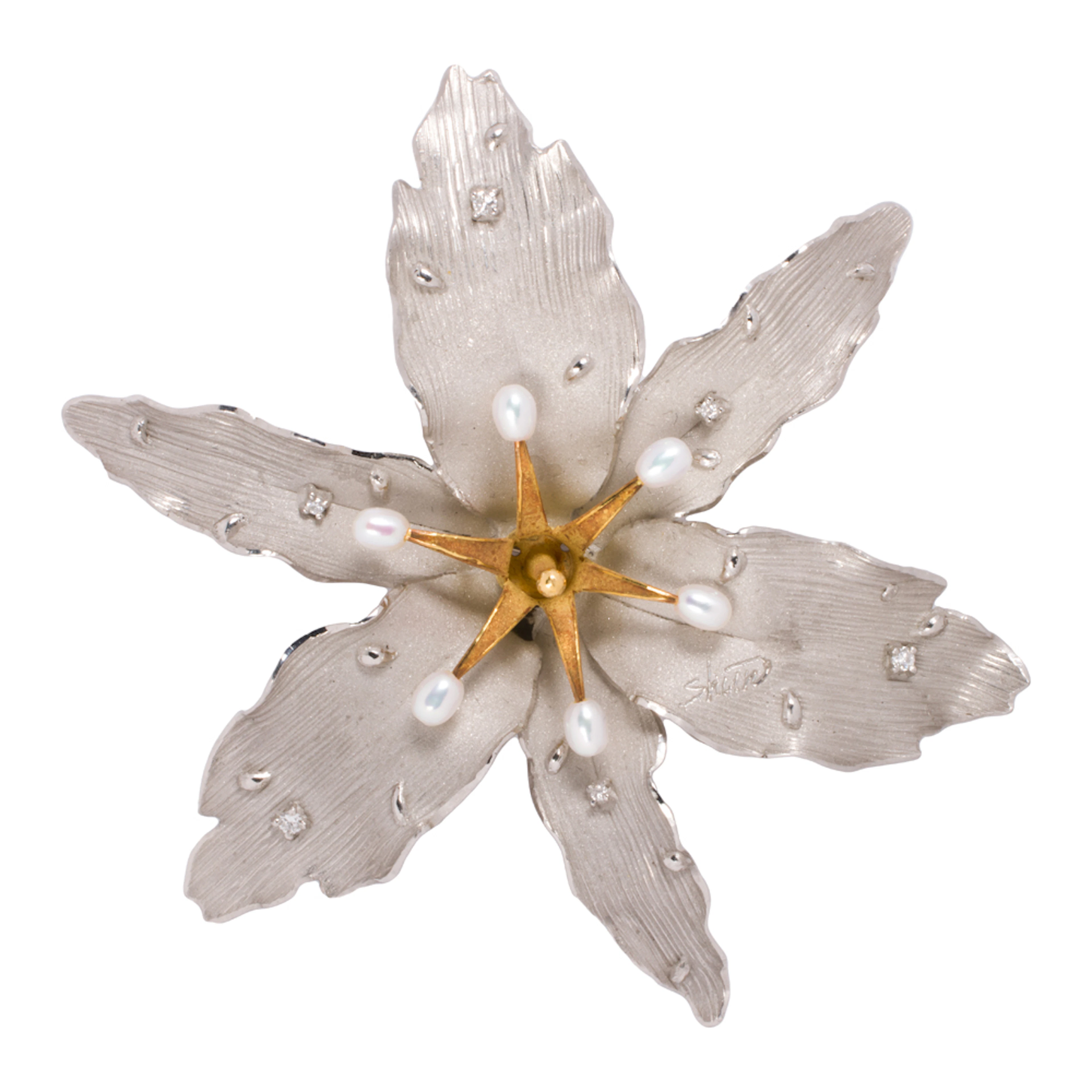 A Shun cultured pearl, diamond, platinum, and 18k gold brooch-pendant