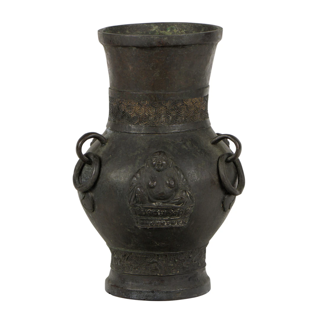 A Chinese cast bronze hu-form vase. Featuring Buddha motif