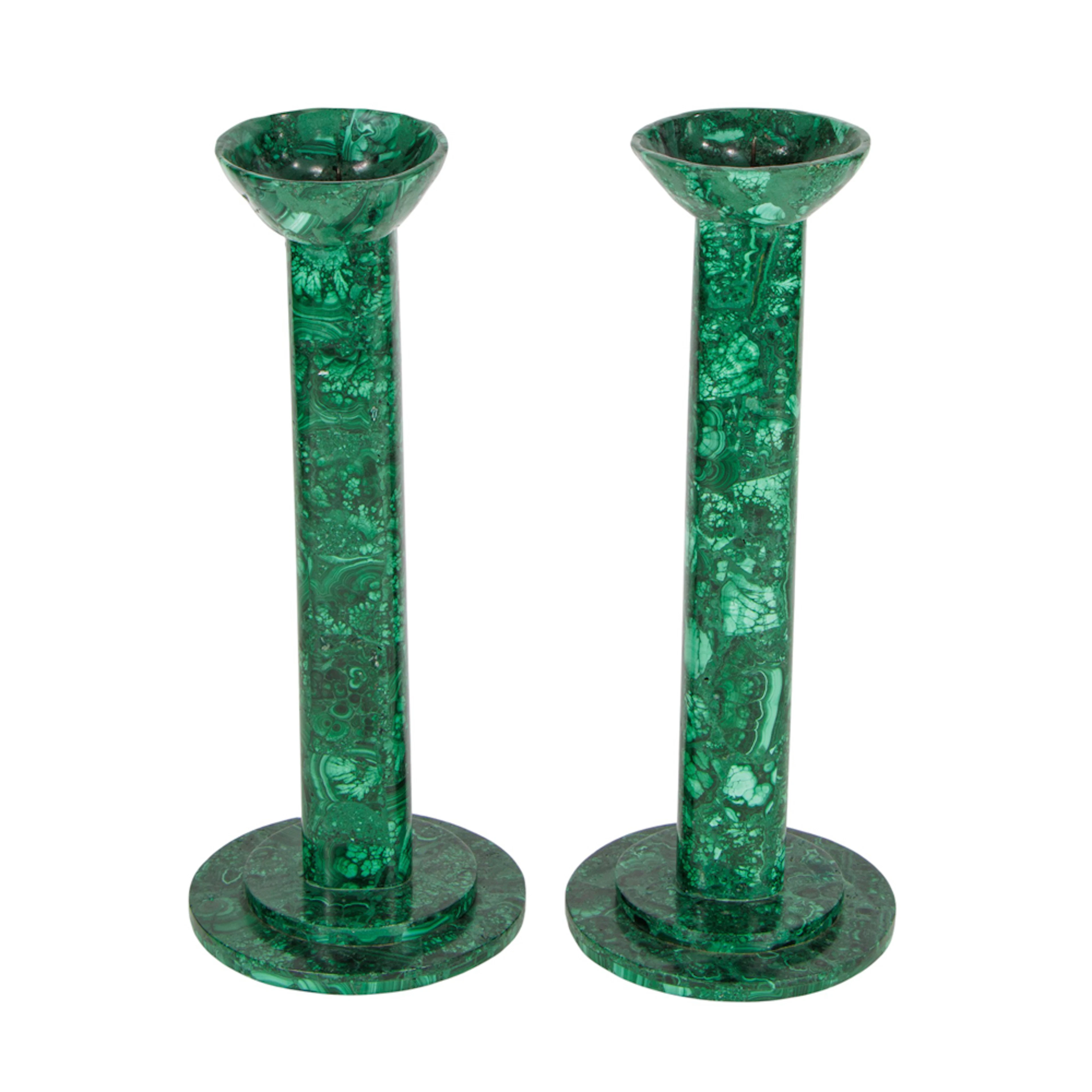 A pair of Russian style malachite candlesticks