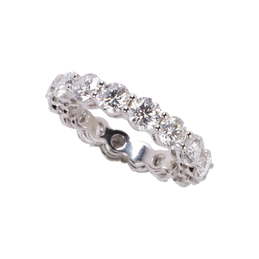 A lab-grown diamond and 14k white gold eternity ring