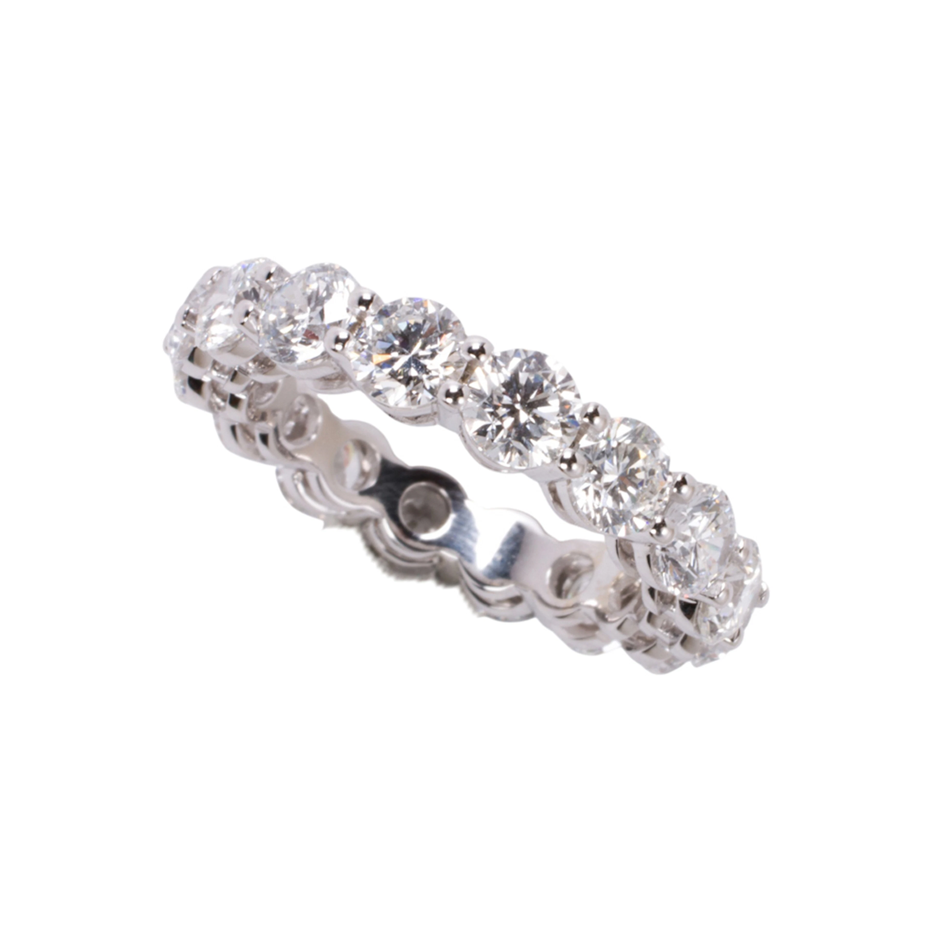 A lab-grown diamond and 14k white gold eternity ring