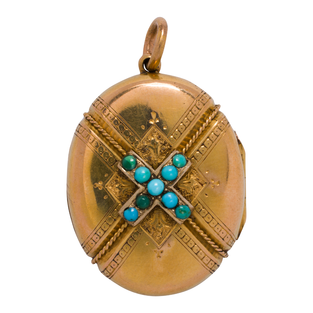 An antique turquoise and 14k gold locket