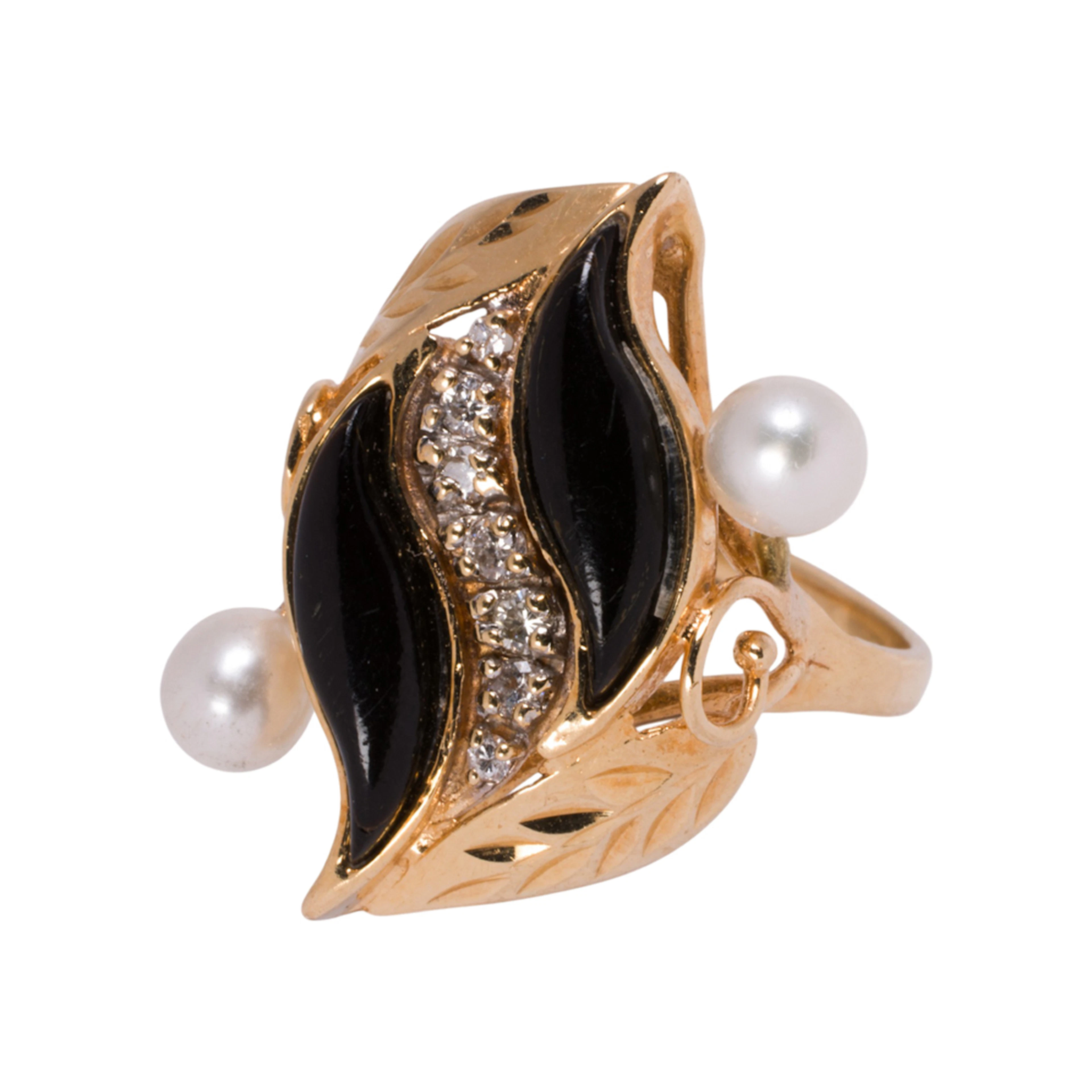 An onyx, diamond, cultured pearl, and 14k gold ring
