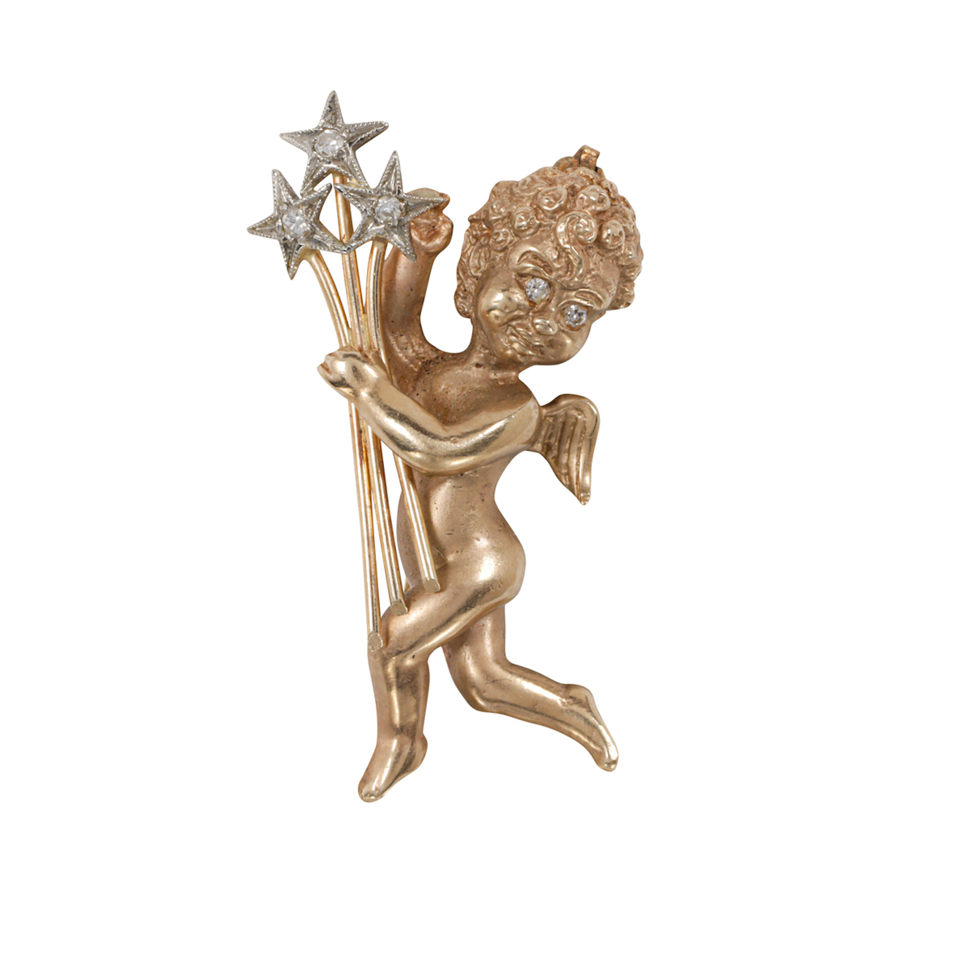 A cultured pearl, diamond, and 14k bi-color gold cherub brooch