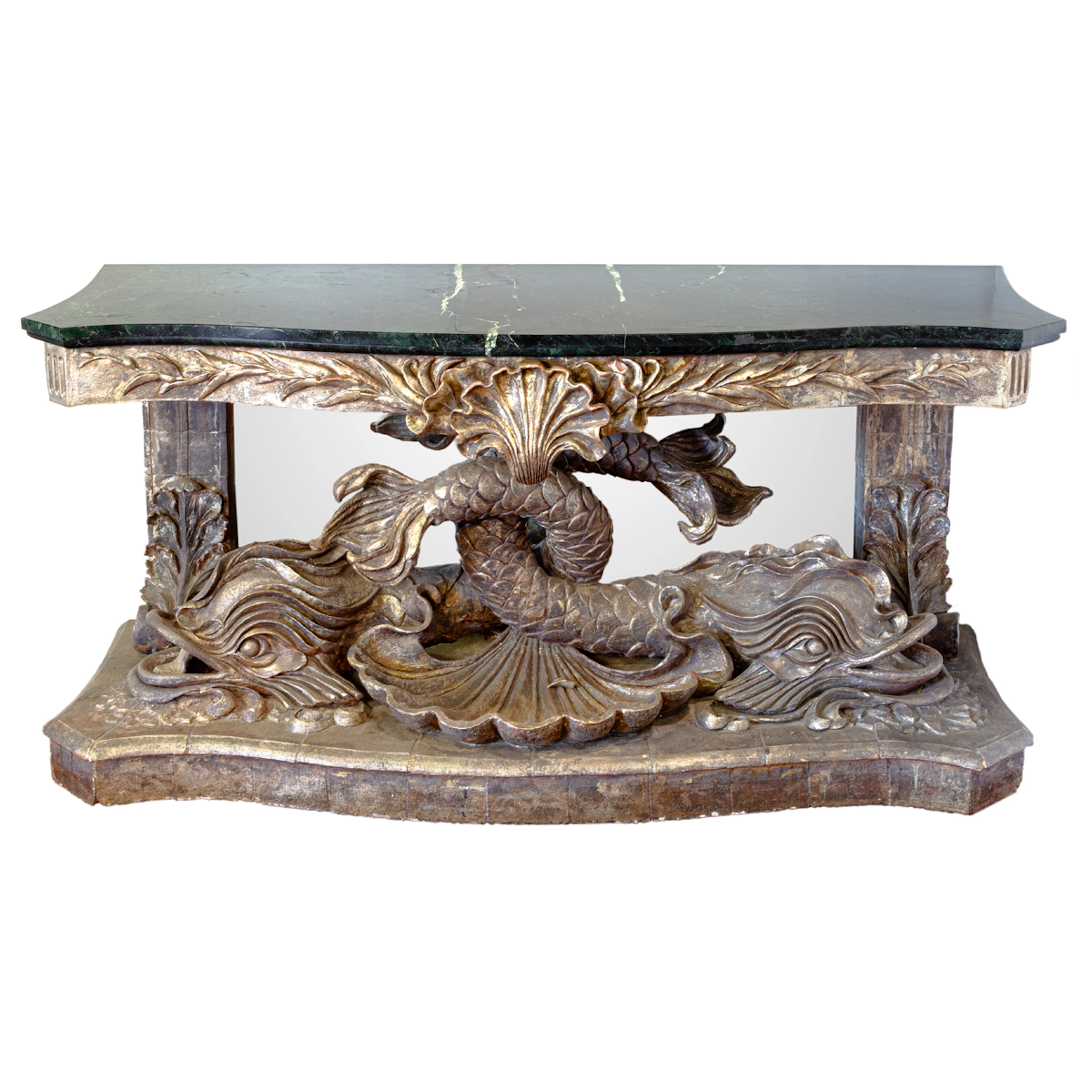 An impressive silvered wood console table in the Italian Baroque taste