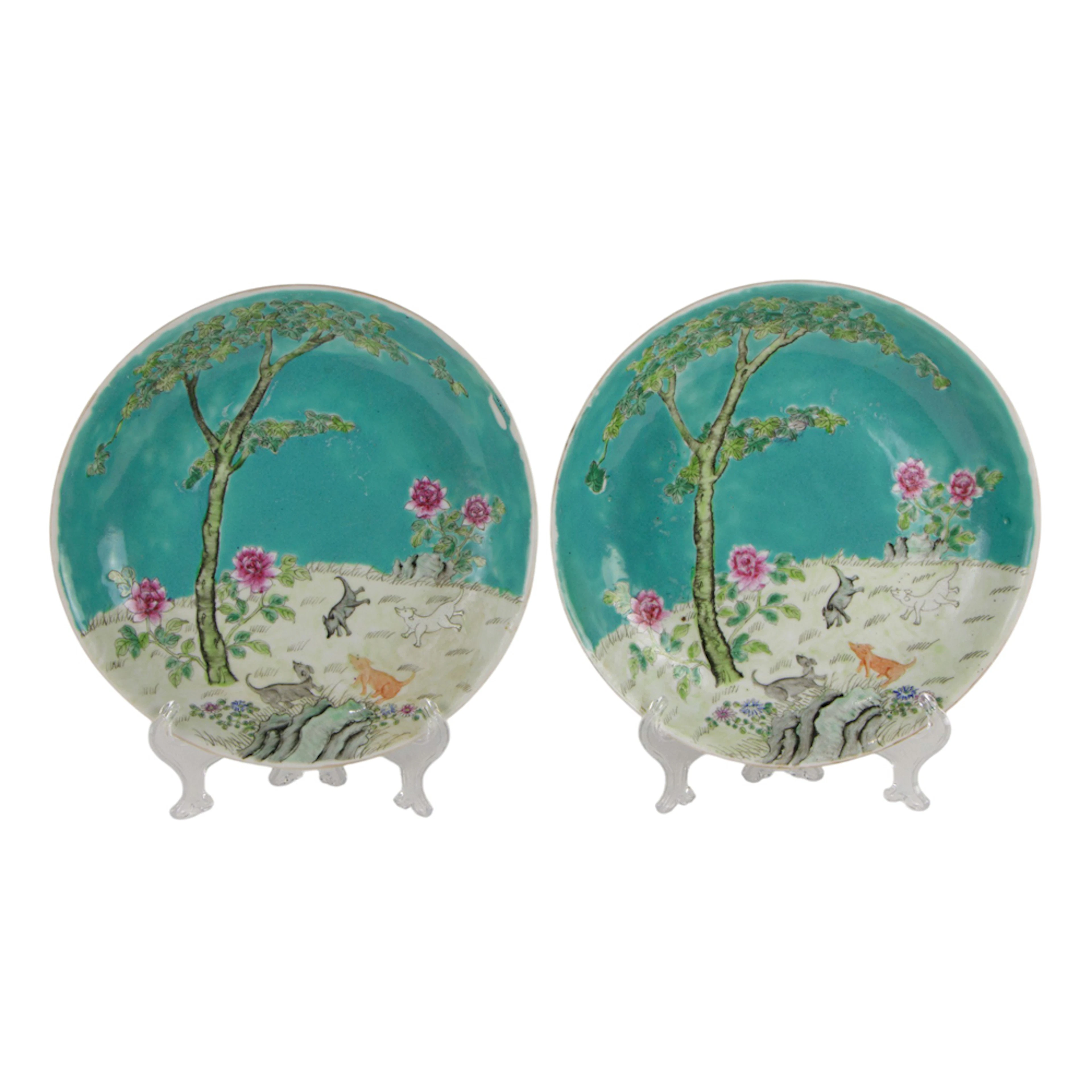 (lot of 2) Chinese famille rose turquoise ground dishes