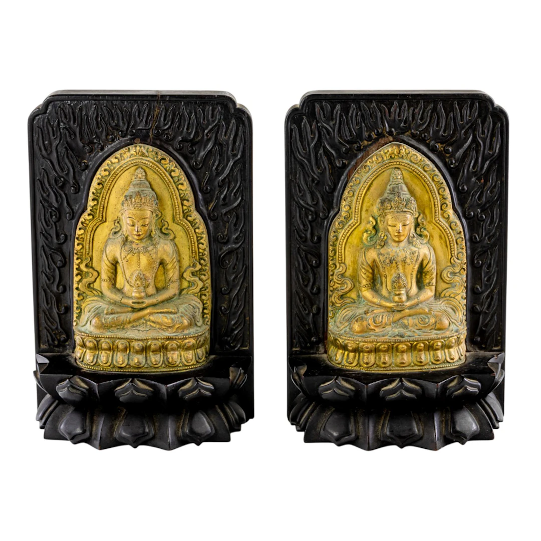 (lot of 2) Sino-Tibetan gilt bronze votive steles of Amitayus