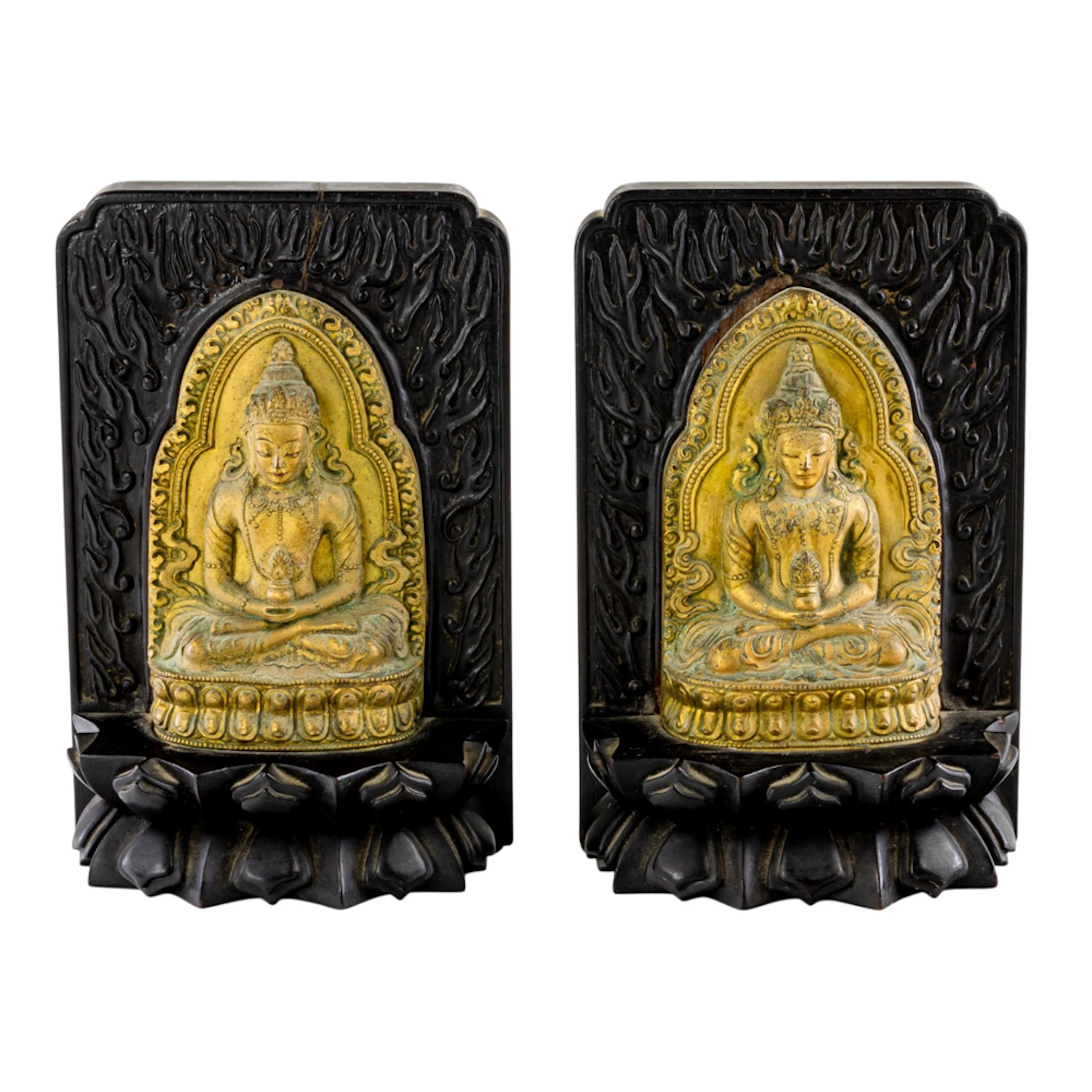 (lot of 2) Sino-Tibetan gilt bronze votive steles of Amitayus