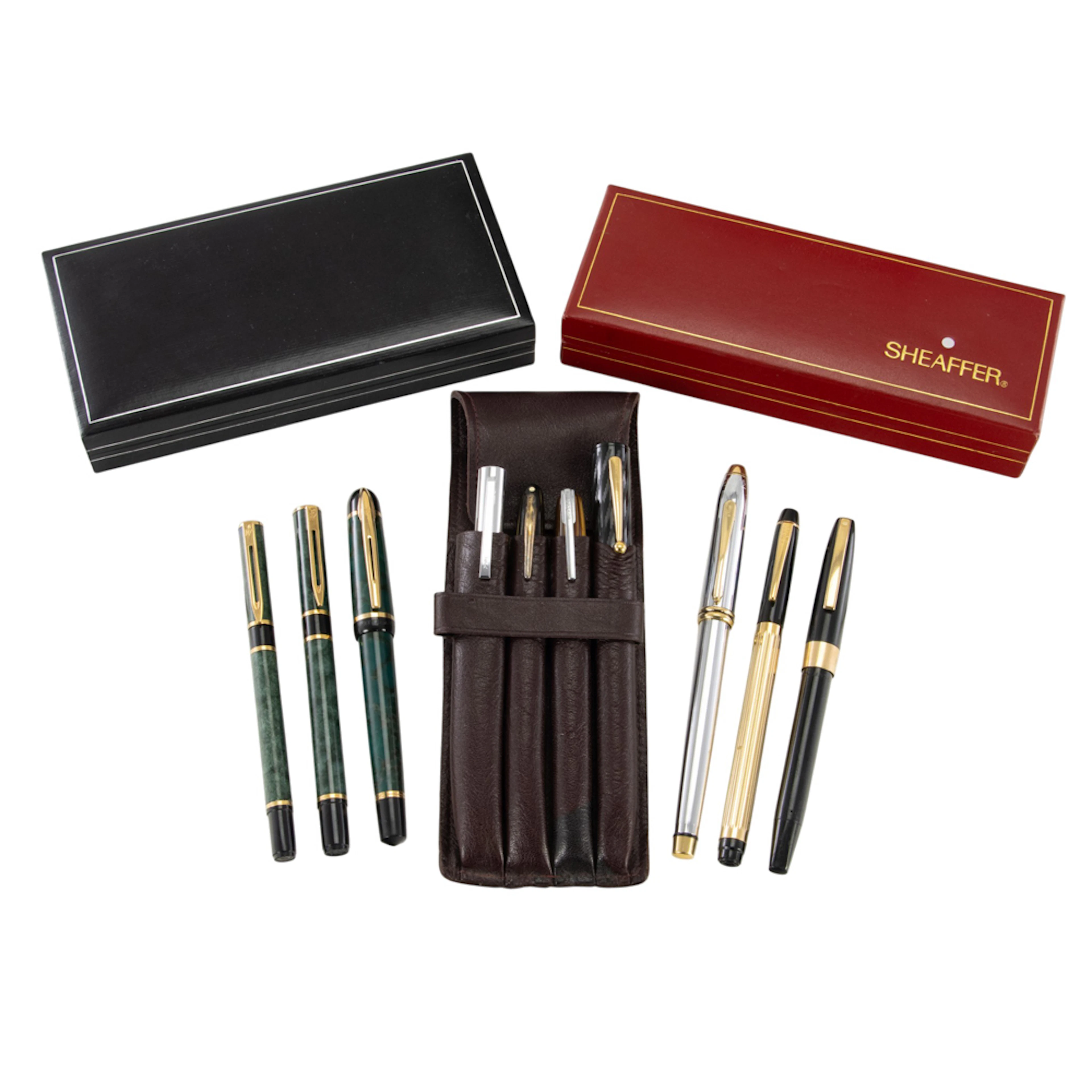 An assembled group of mainly fountain pens