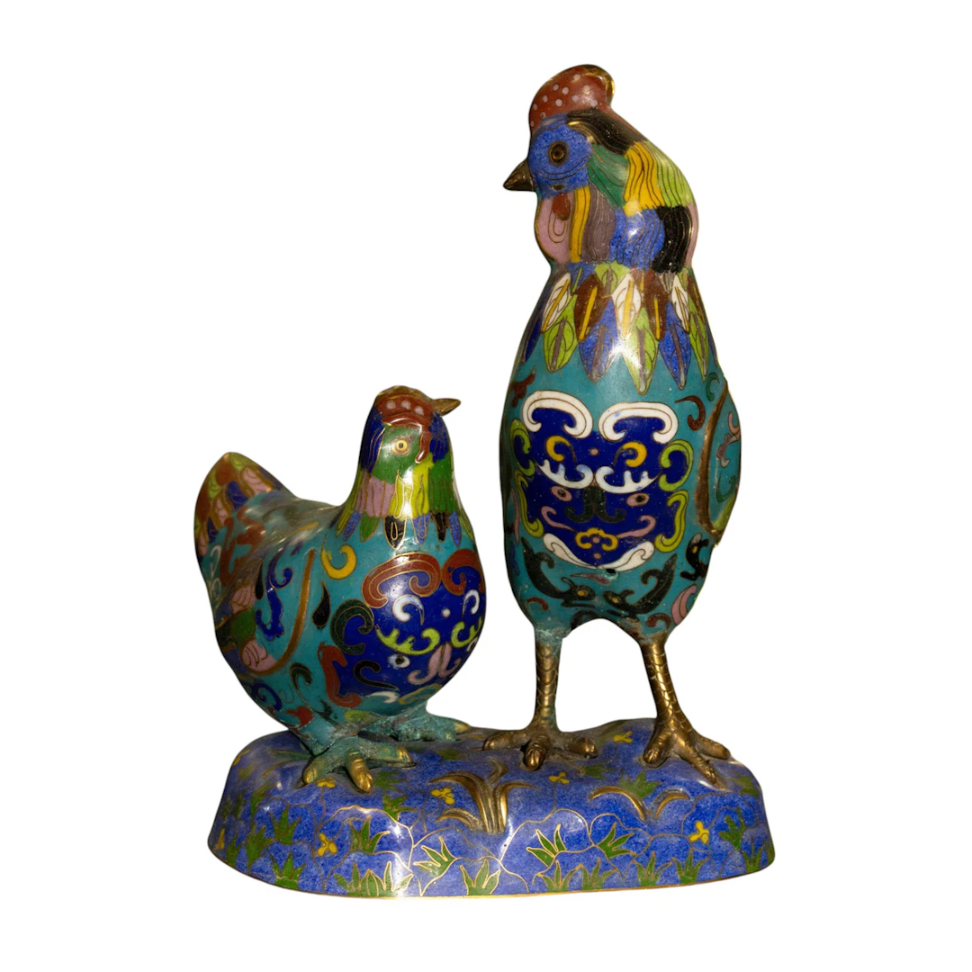 A Chinese cloisonne enamel animal figure of a rooster and hen
