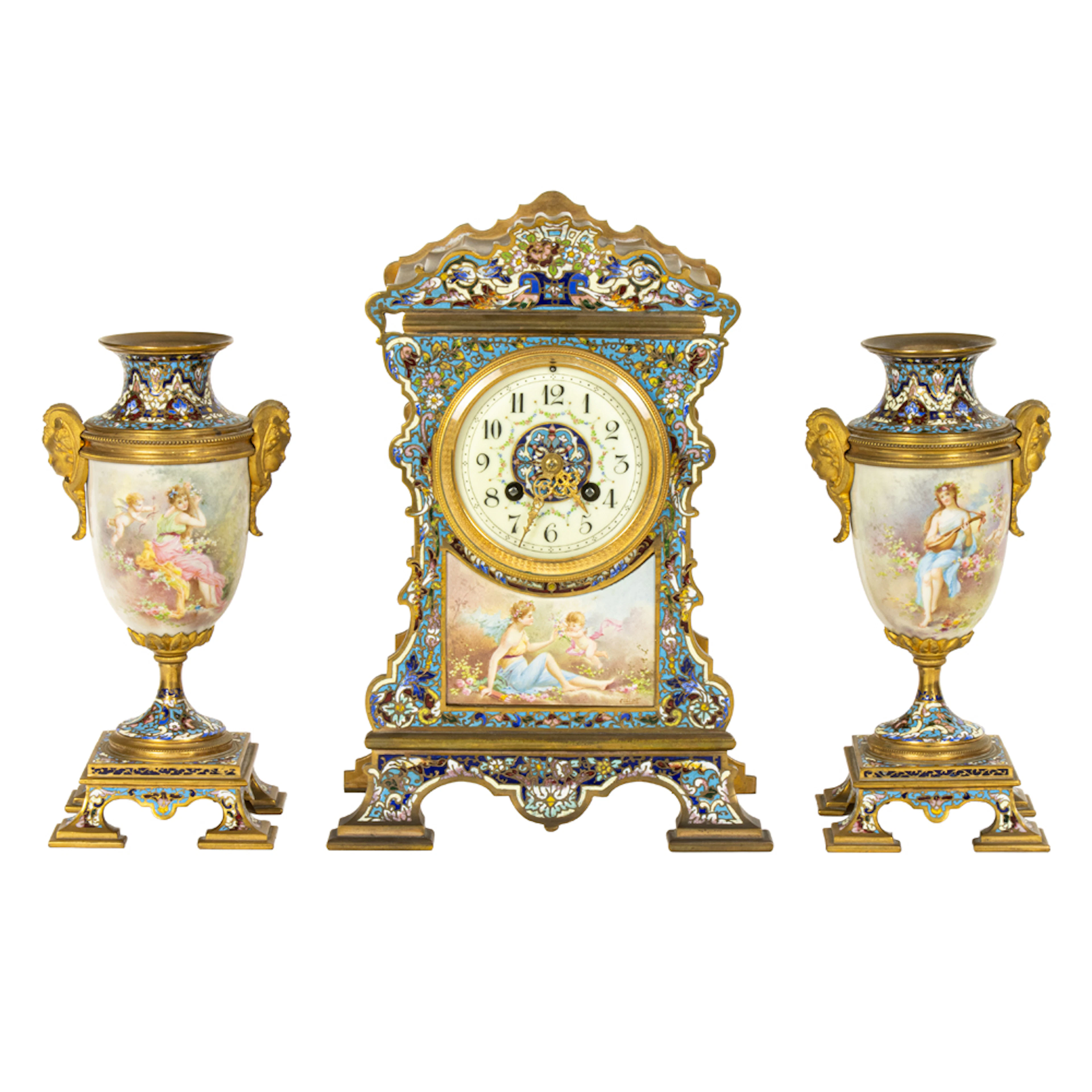 A French champleve enamel, gilt bronze and Sevres style porcelain