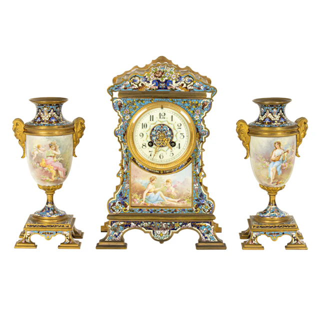 A French champleve enamel, gilt bronze and Sevres style porcelain