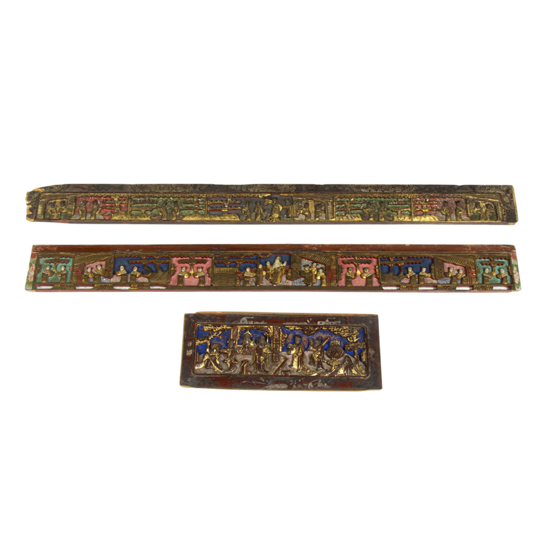 (lot of 3) Chinese polychrome and gilt wood architectural panels