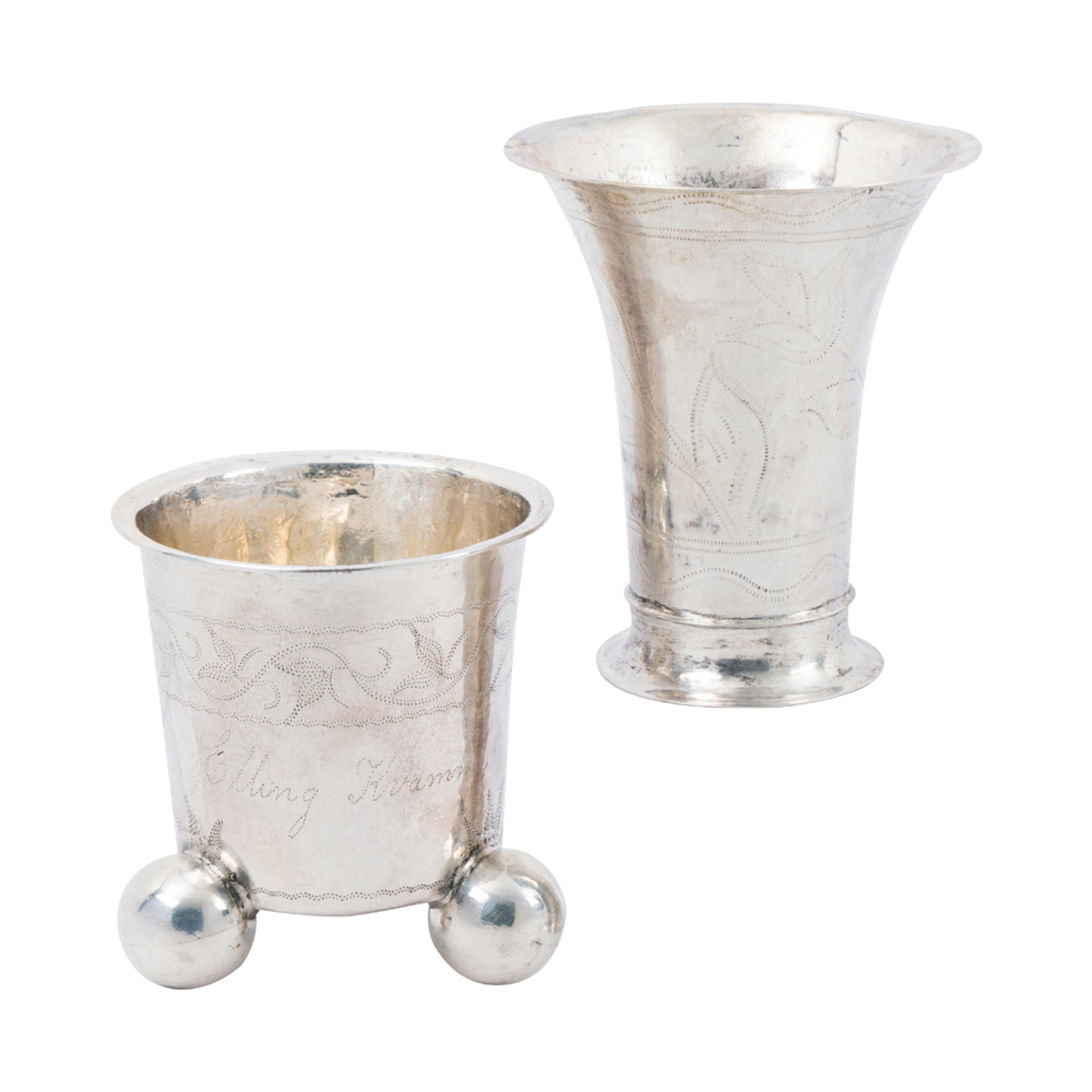 A Norwegian 13 1/3 Loth standard silver miniature tripod beaker
