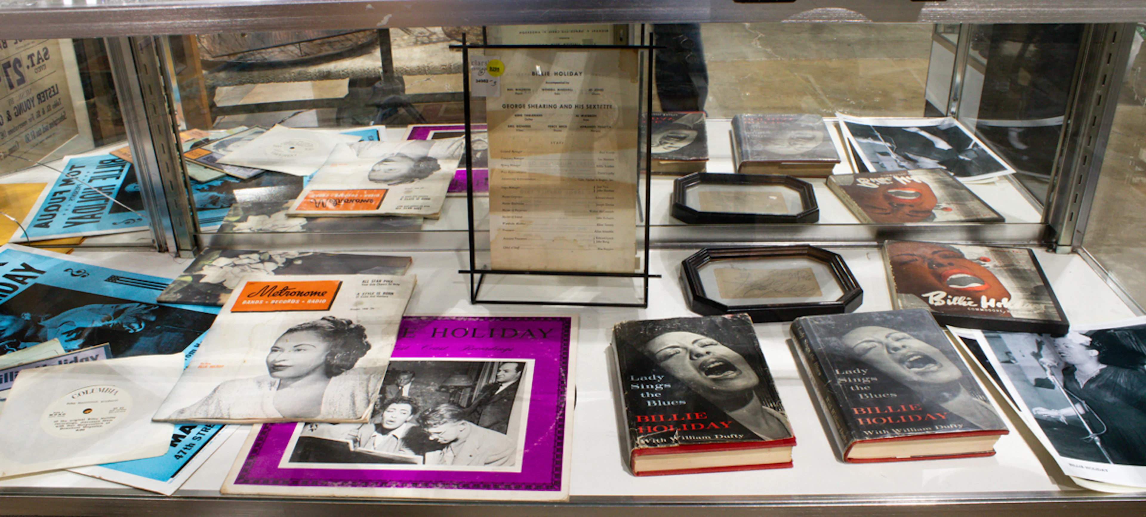 A Collection of Billie Holiday jazz memorabilia comprising a framed
