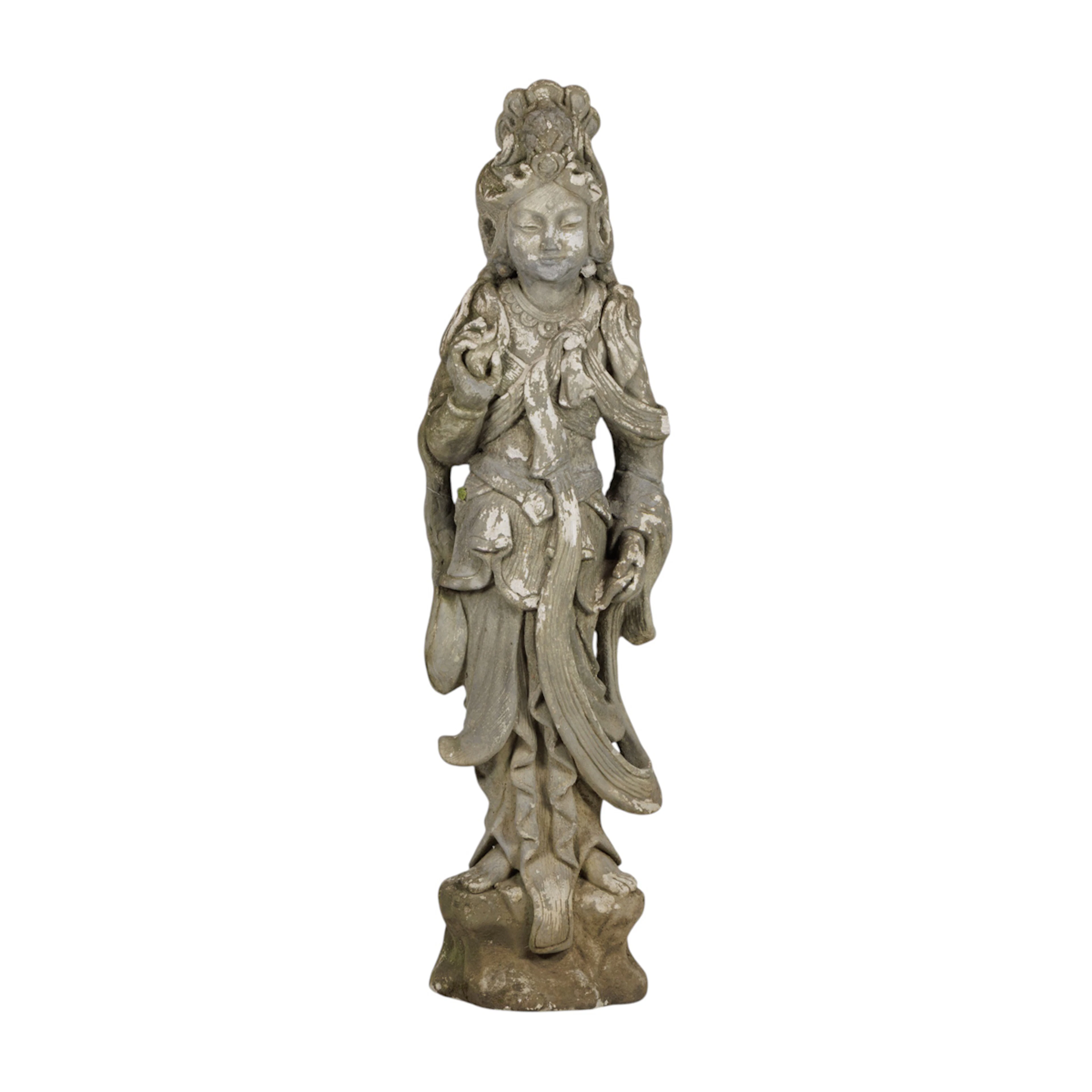 A Chinese cast stone garden statue of Guanyin
