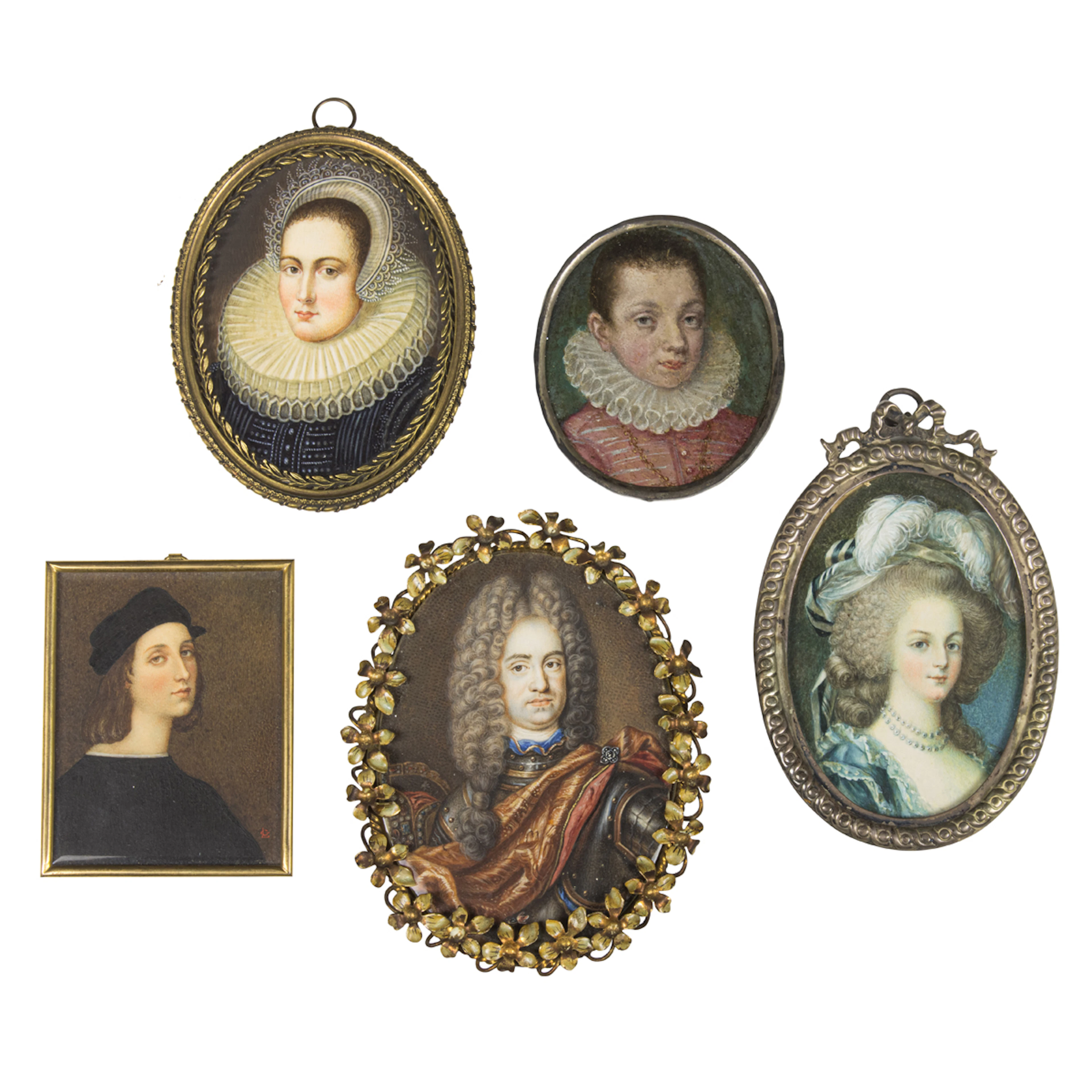 Five portrait miniatures 19th/early 20th century, including Marie Antoinette