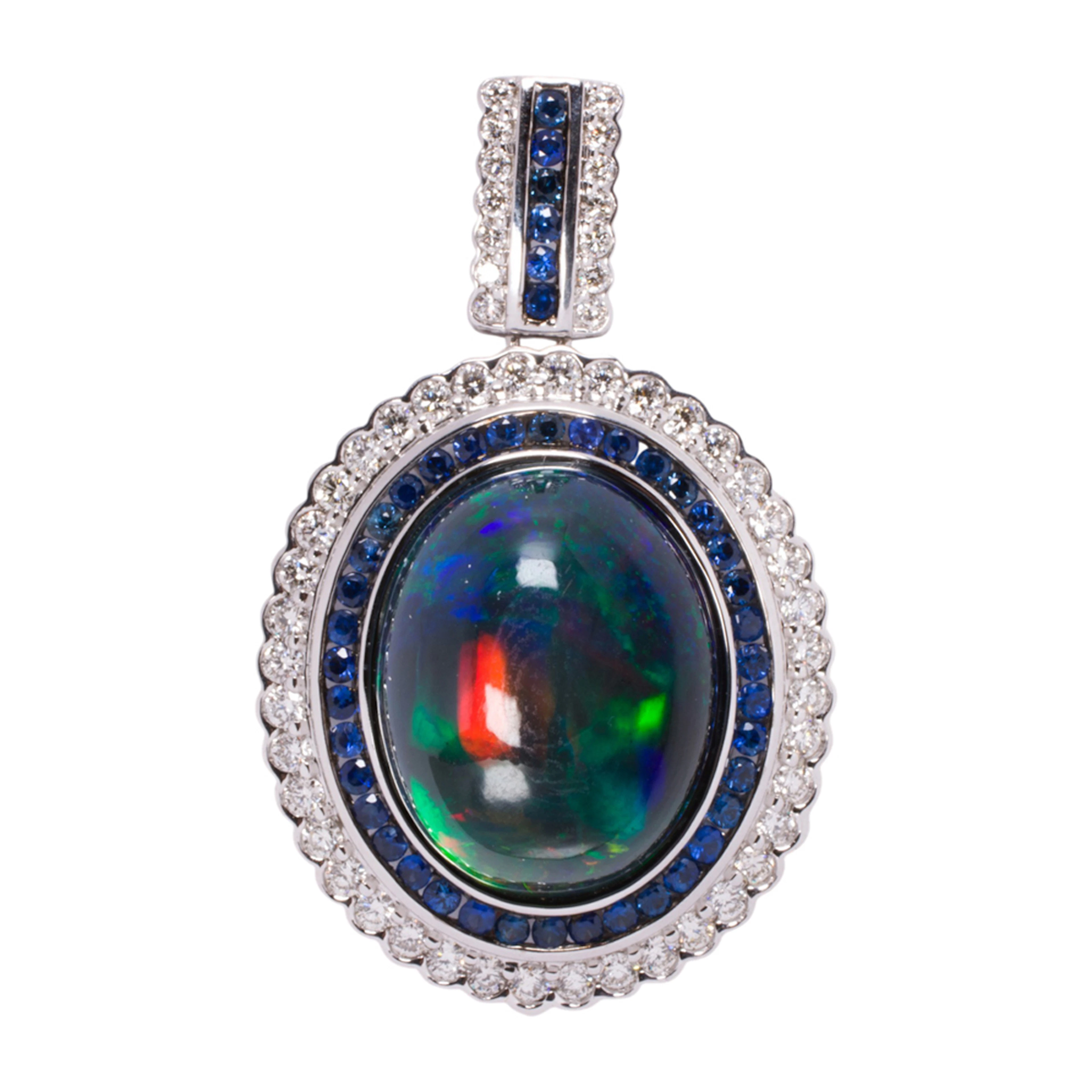 An opal, diamond, sapphire, and 14k white gold pendant