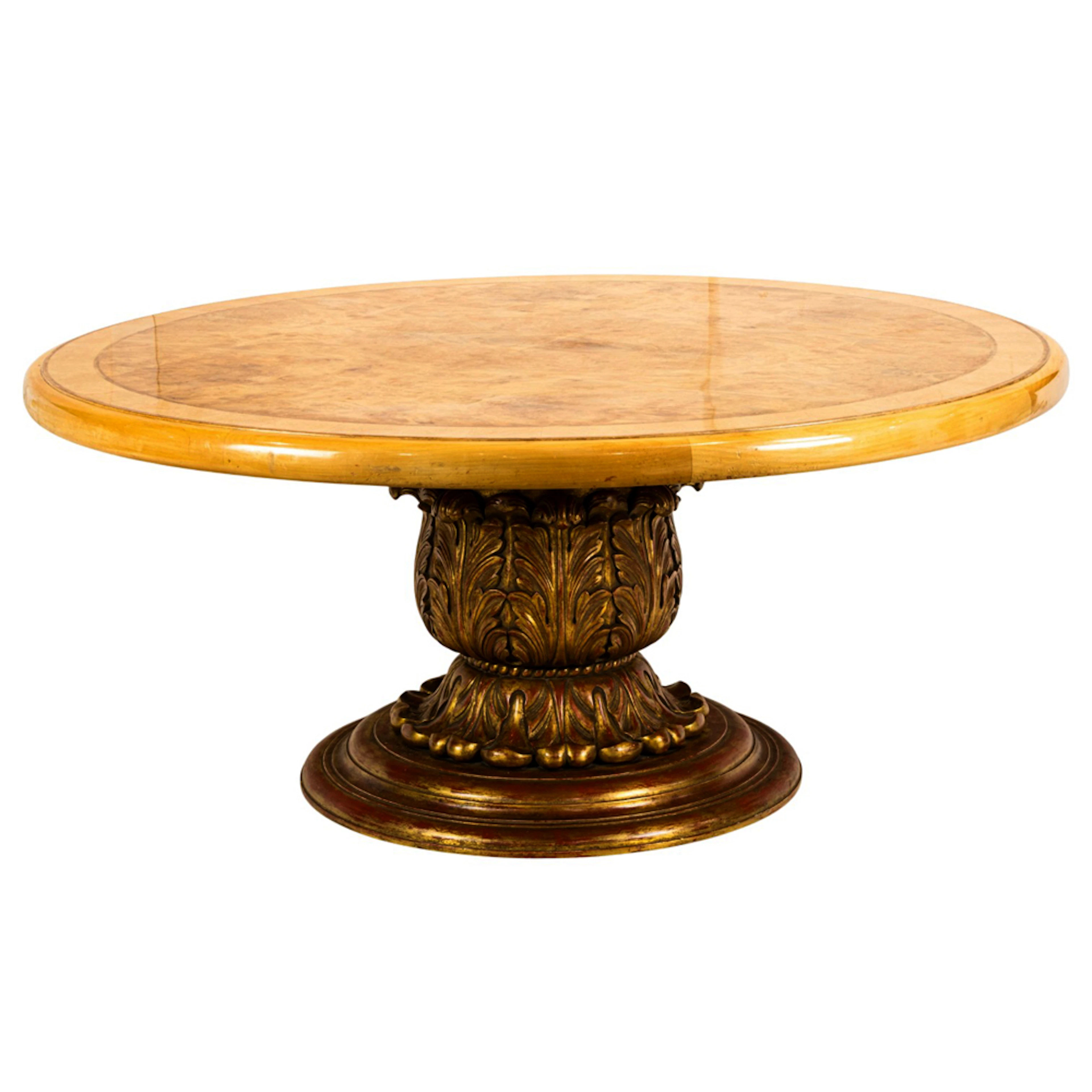 A large custom Baroque style burlwood and parcel gilt center table
