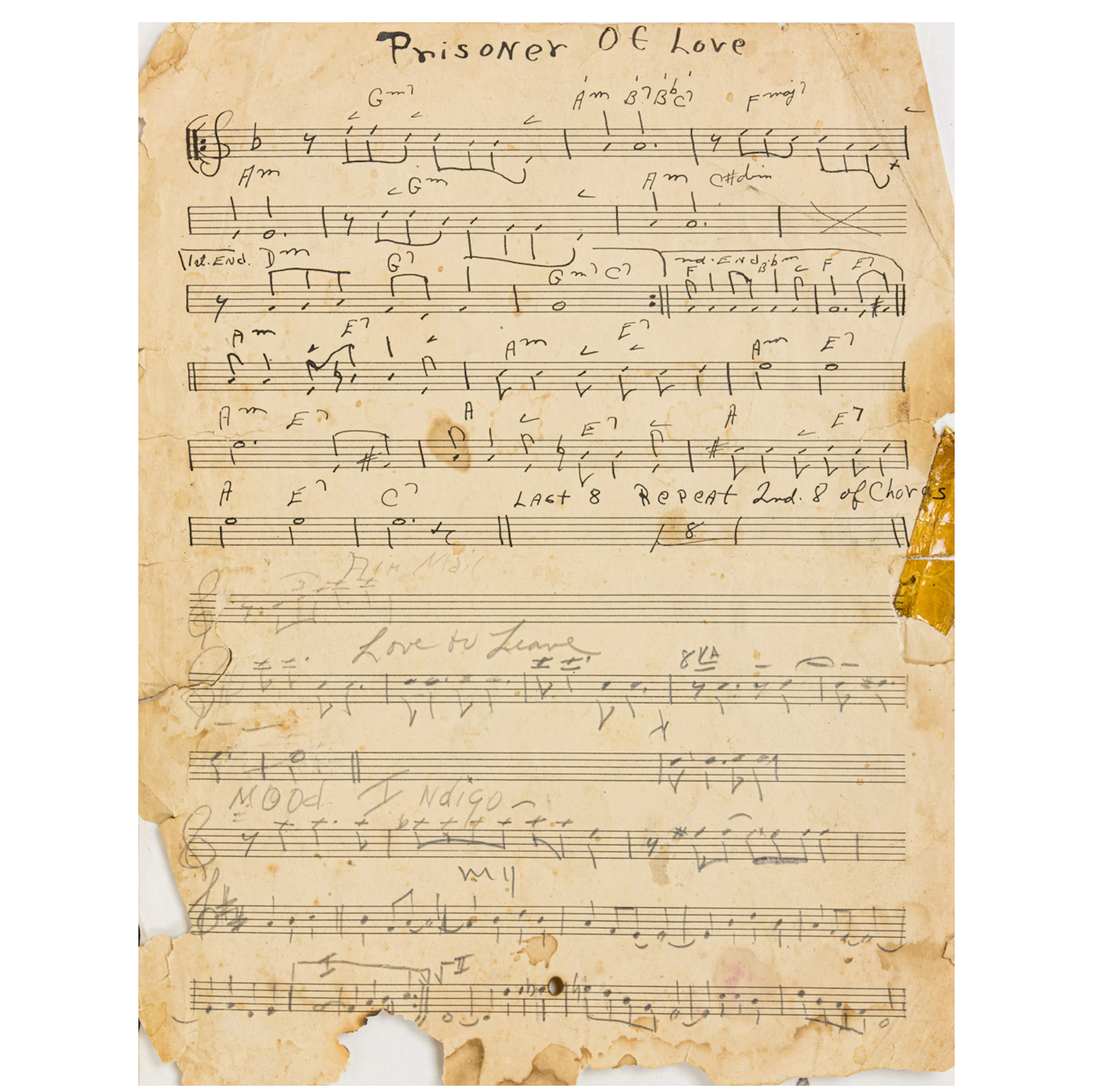 A rare handwritten Charlie Christian one-page sheet music for 'Prisoner