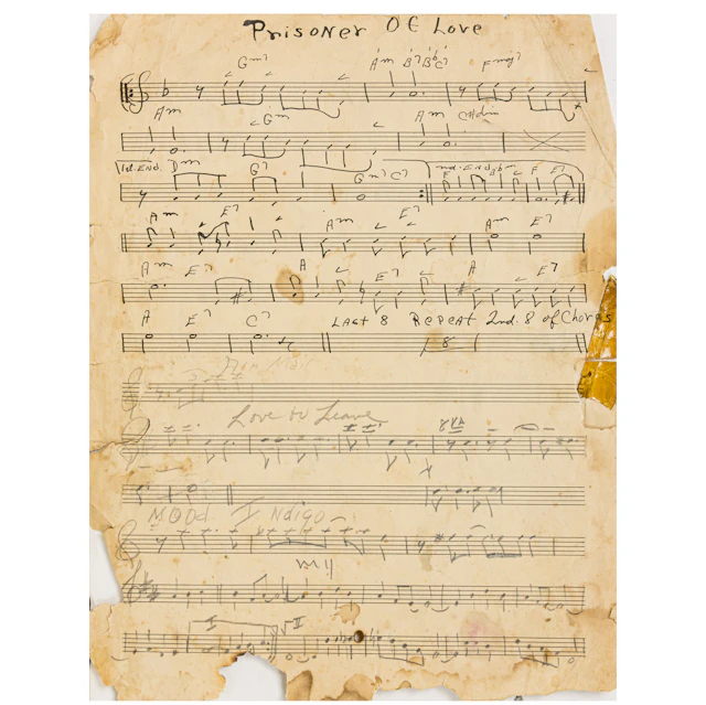 A rare handwritten Charlie Christian one-page sheet music for 'Prisoner