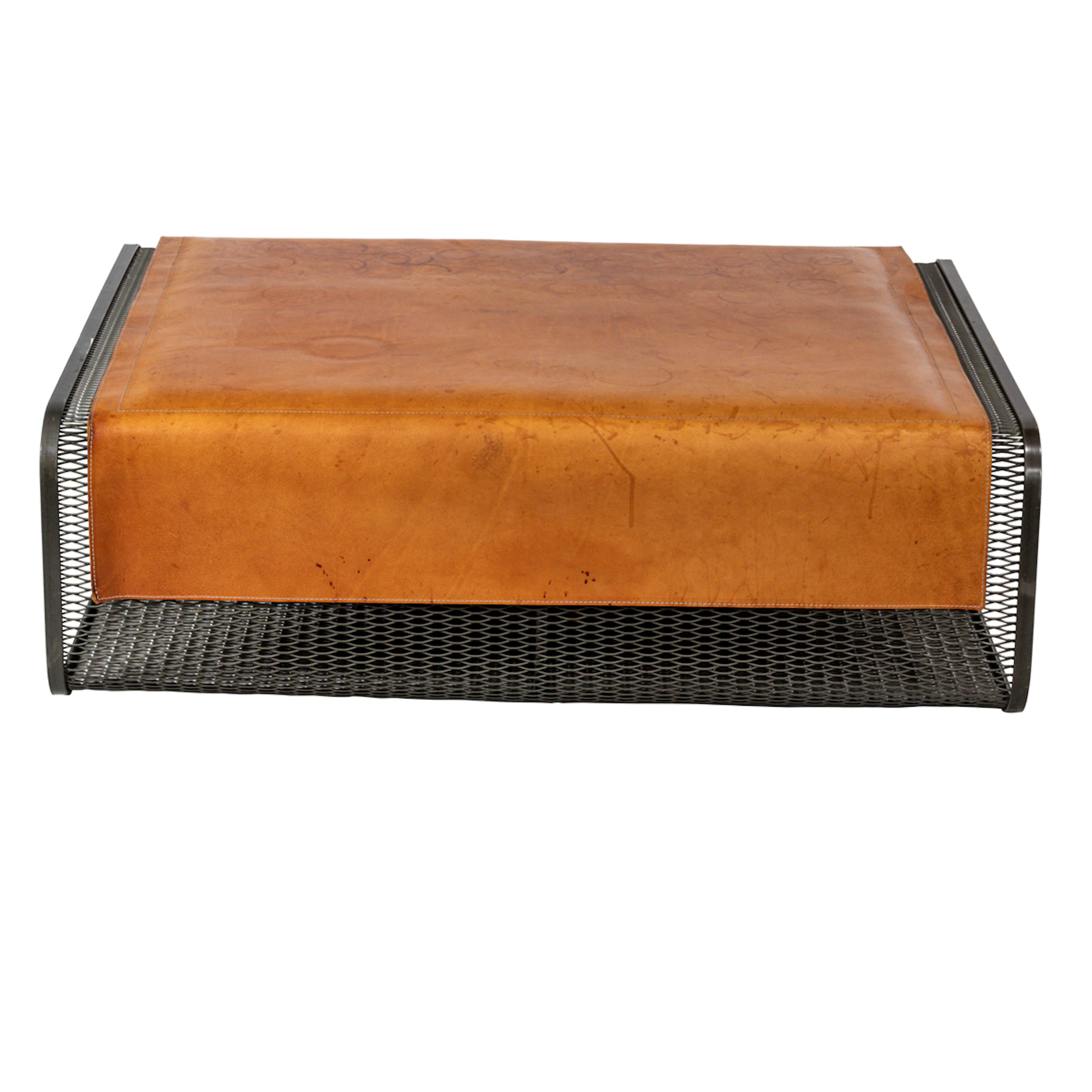 An Italian Oscar Maschera leather top and steel mesh coffee table