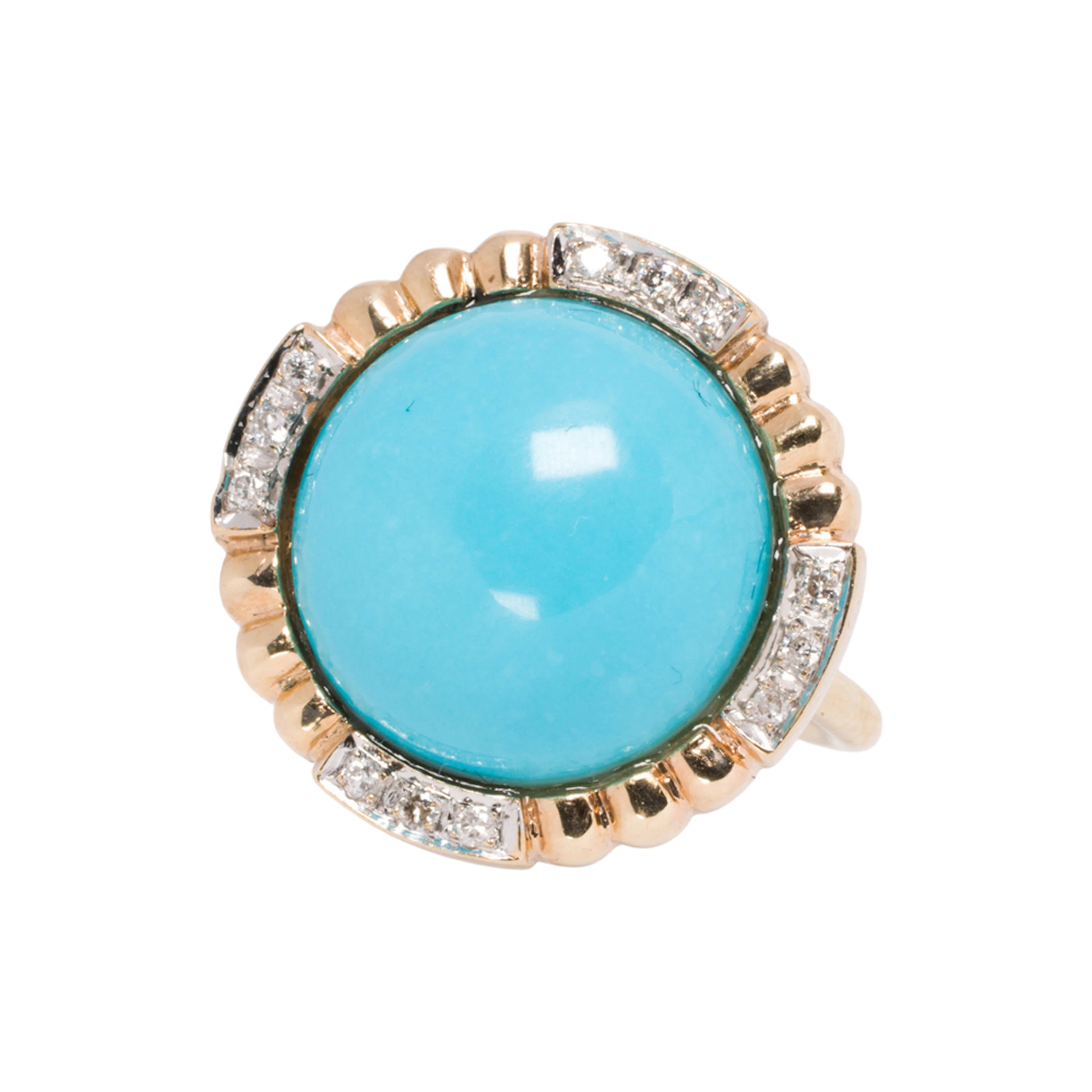 A turquoise, diamond and 14k gold ring