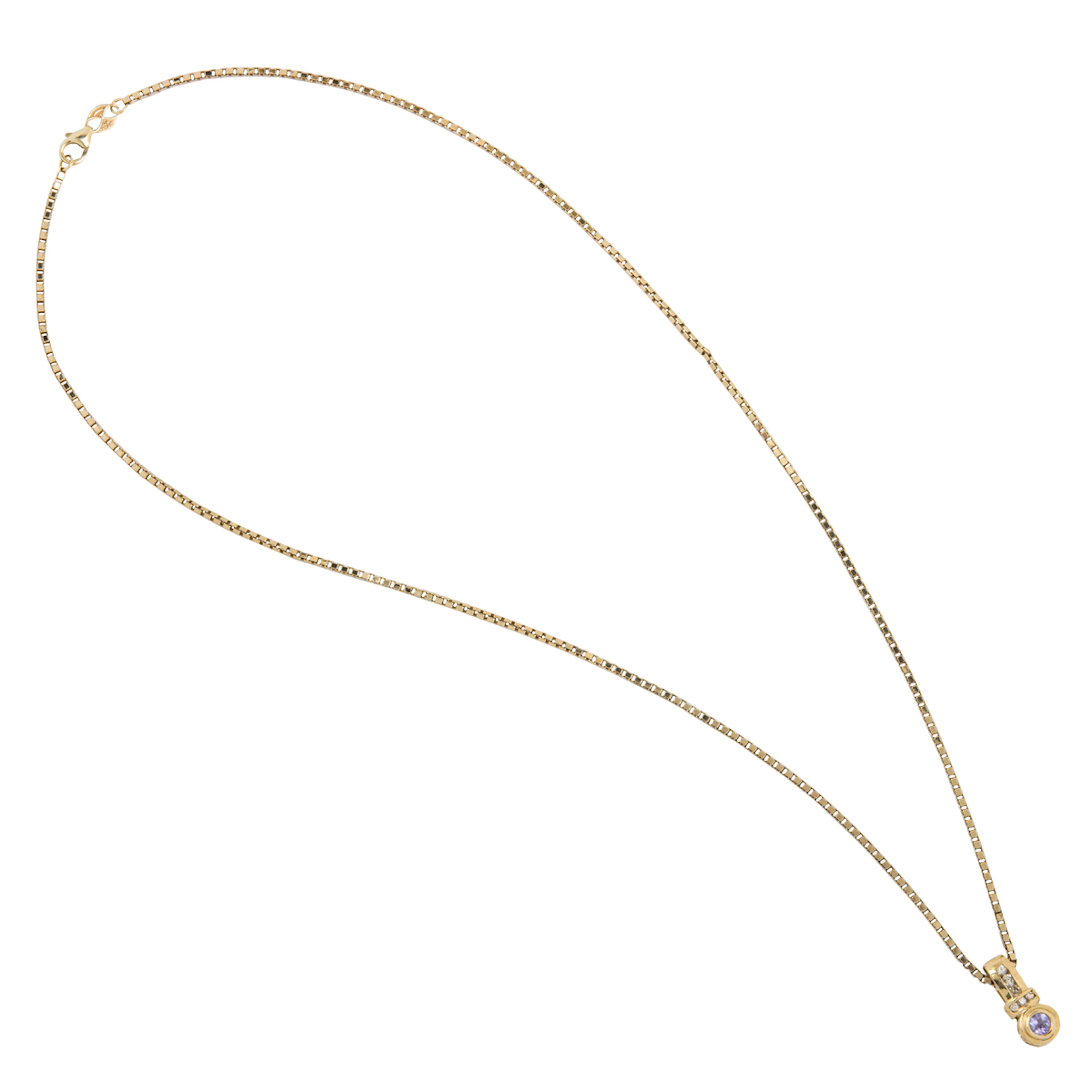 A diamond, iolite, and 14k gold pendant necklace