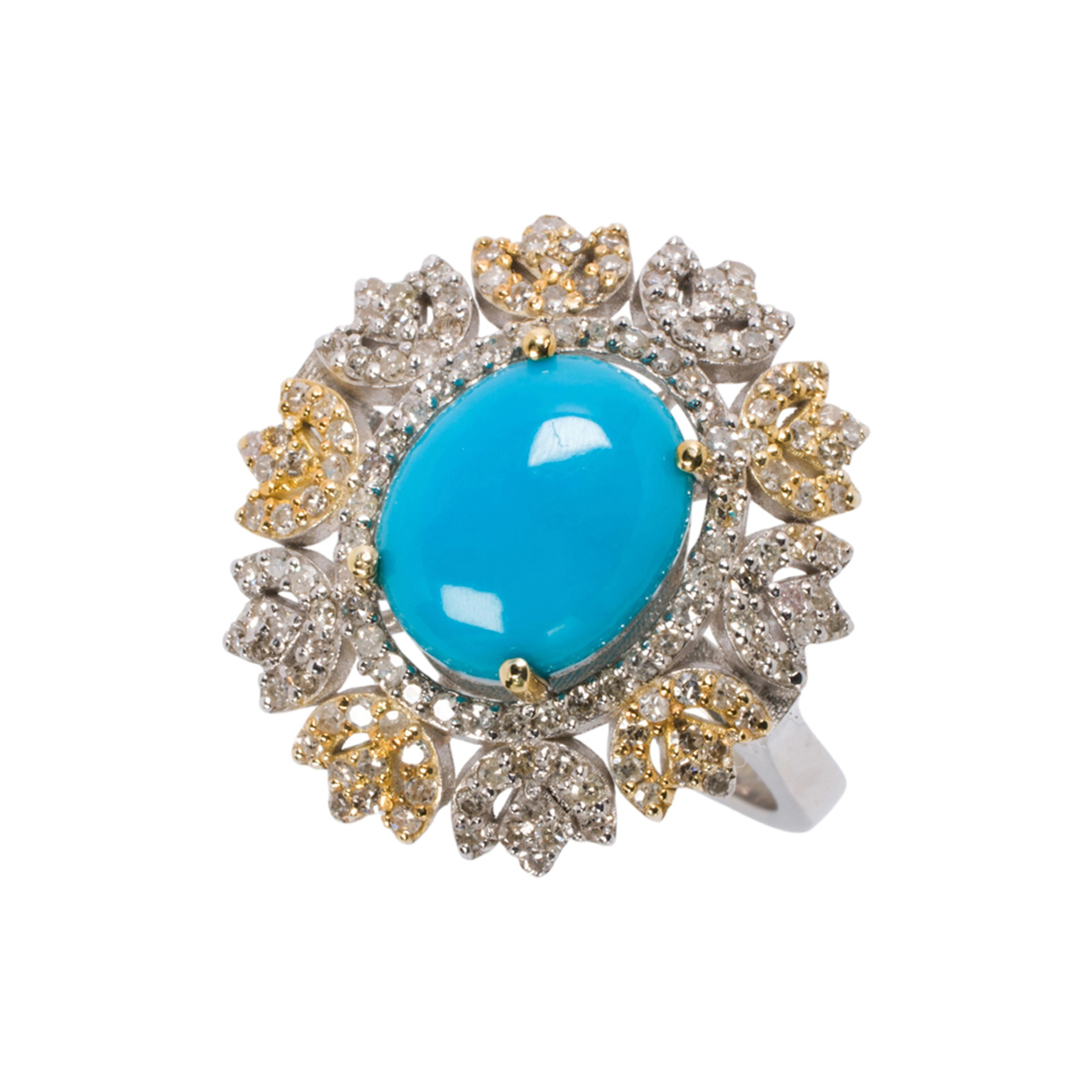 A turquoise, diamond, and silver ring
