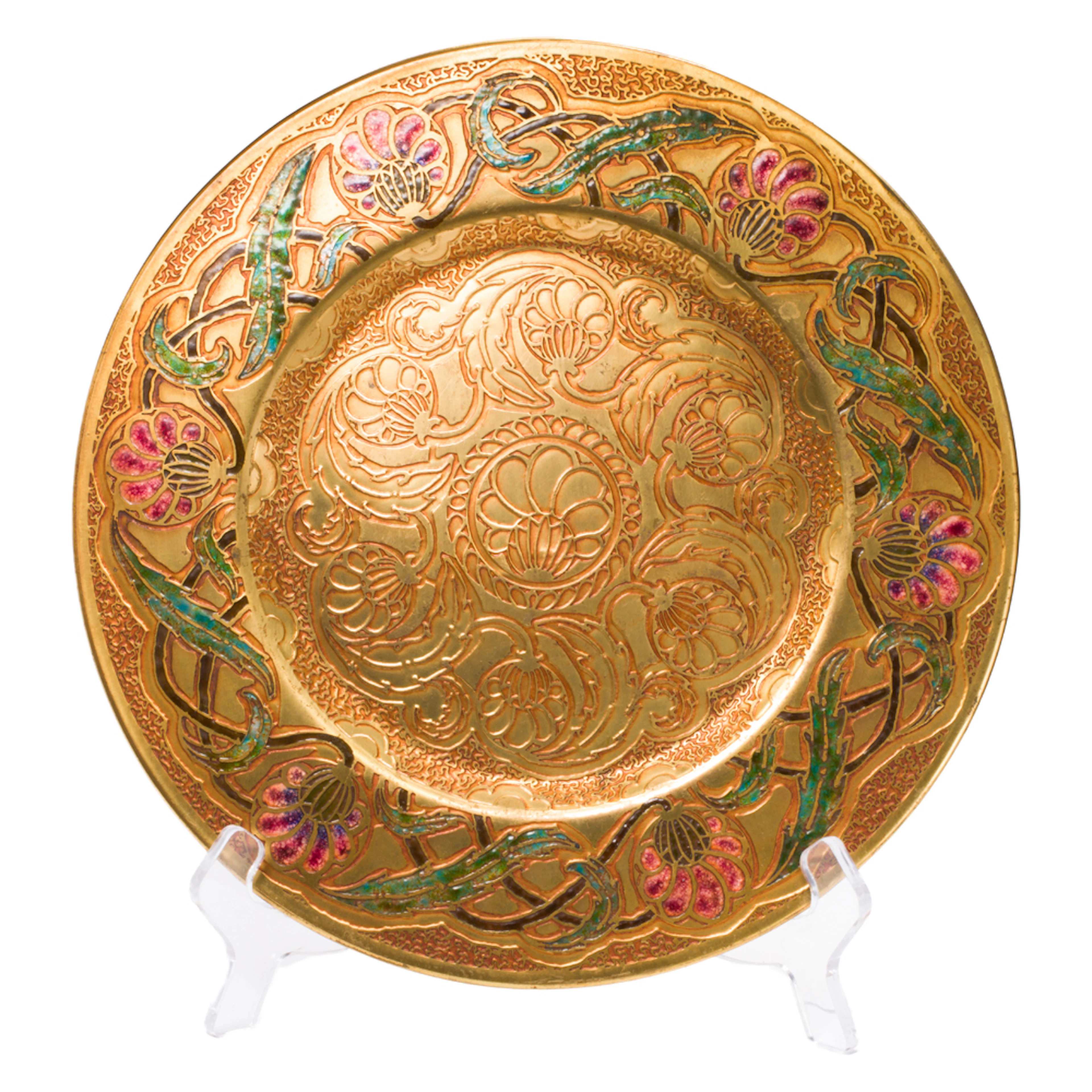 A Tiffany Furnaces enameled gilt bronze decorated charger plate