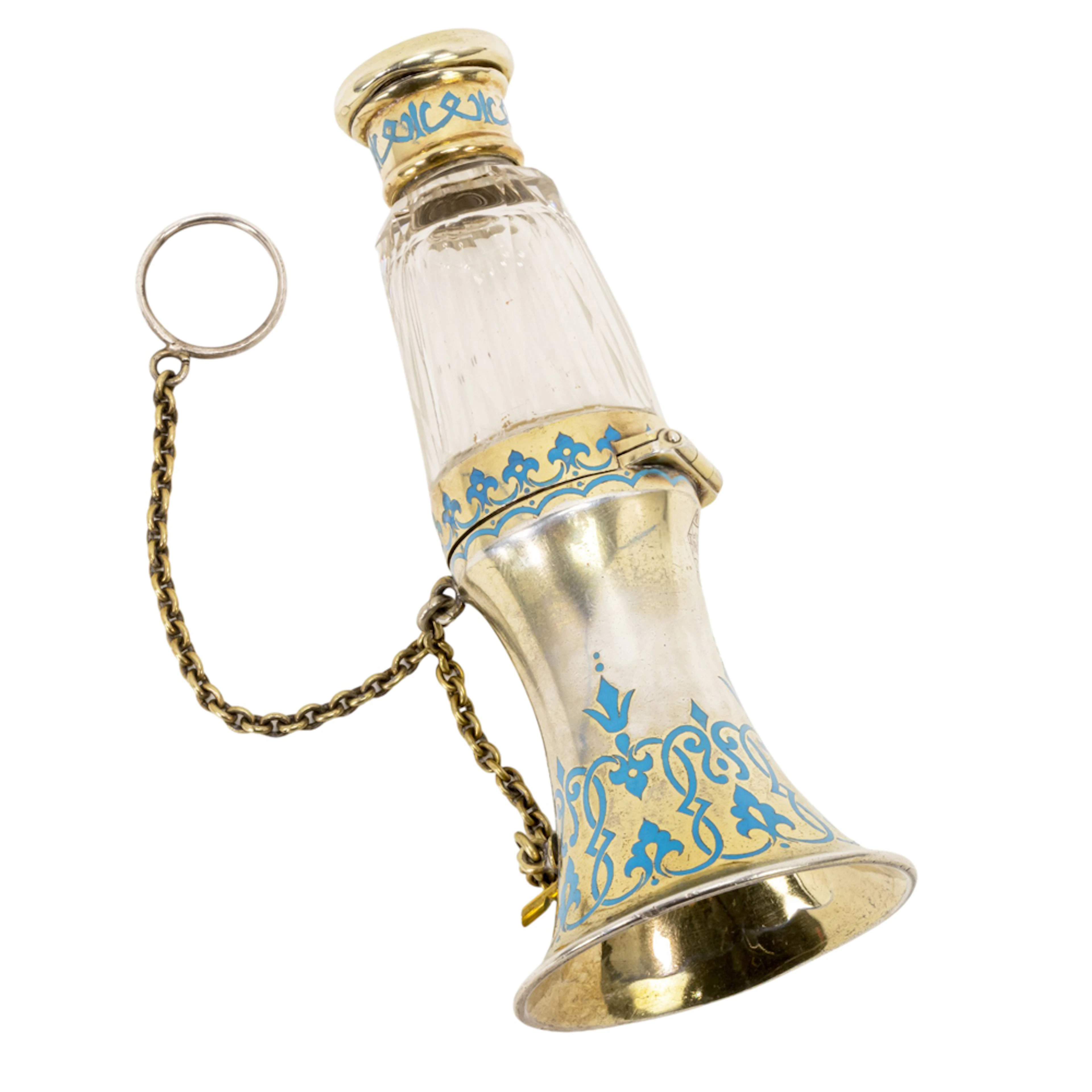 A rare English enamel decorated silver gilt and glass combination posy holder