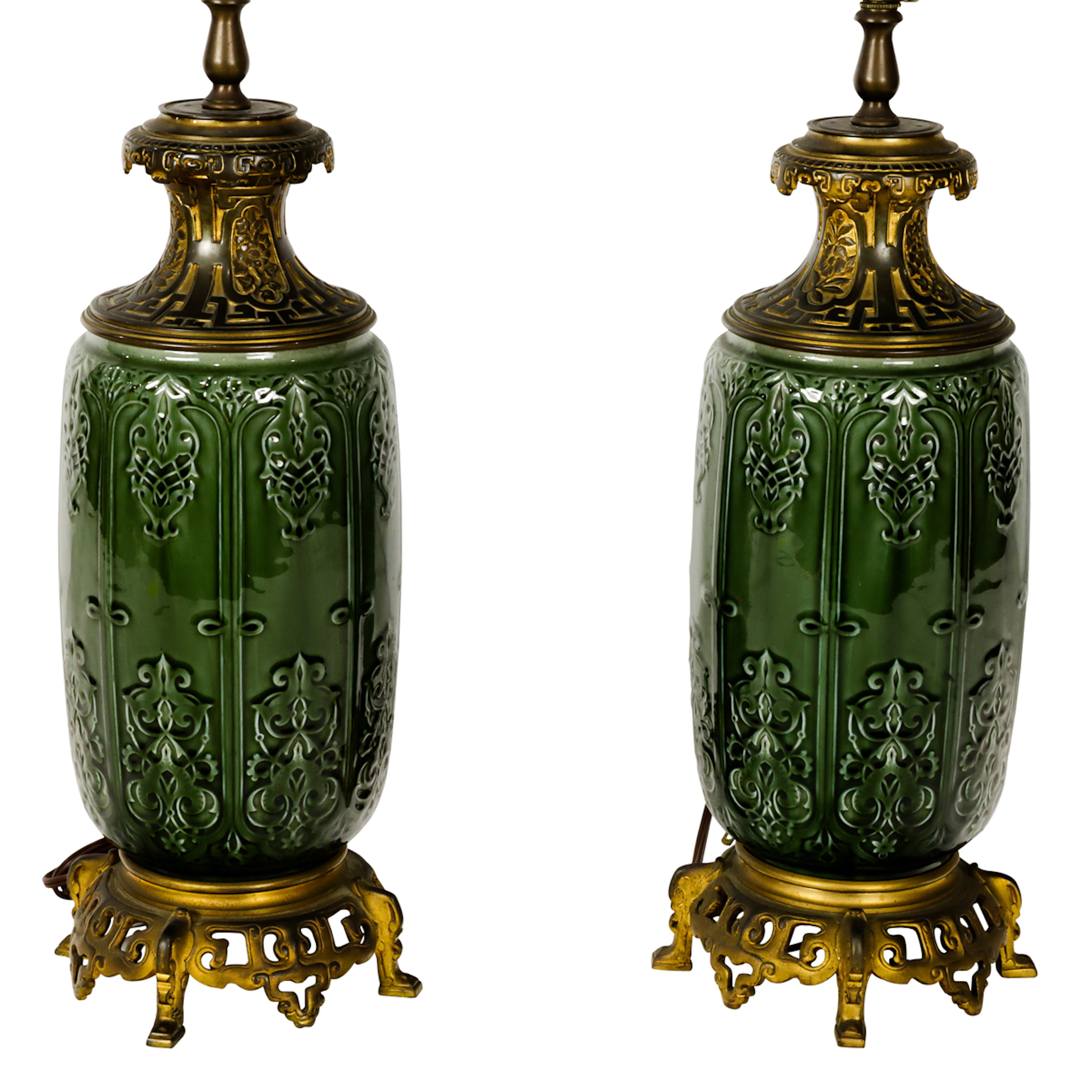 A pair of French Aesthetic gilt bronze mounted faience table lamps