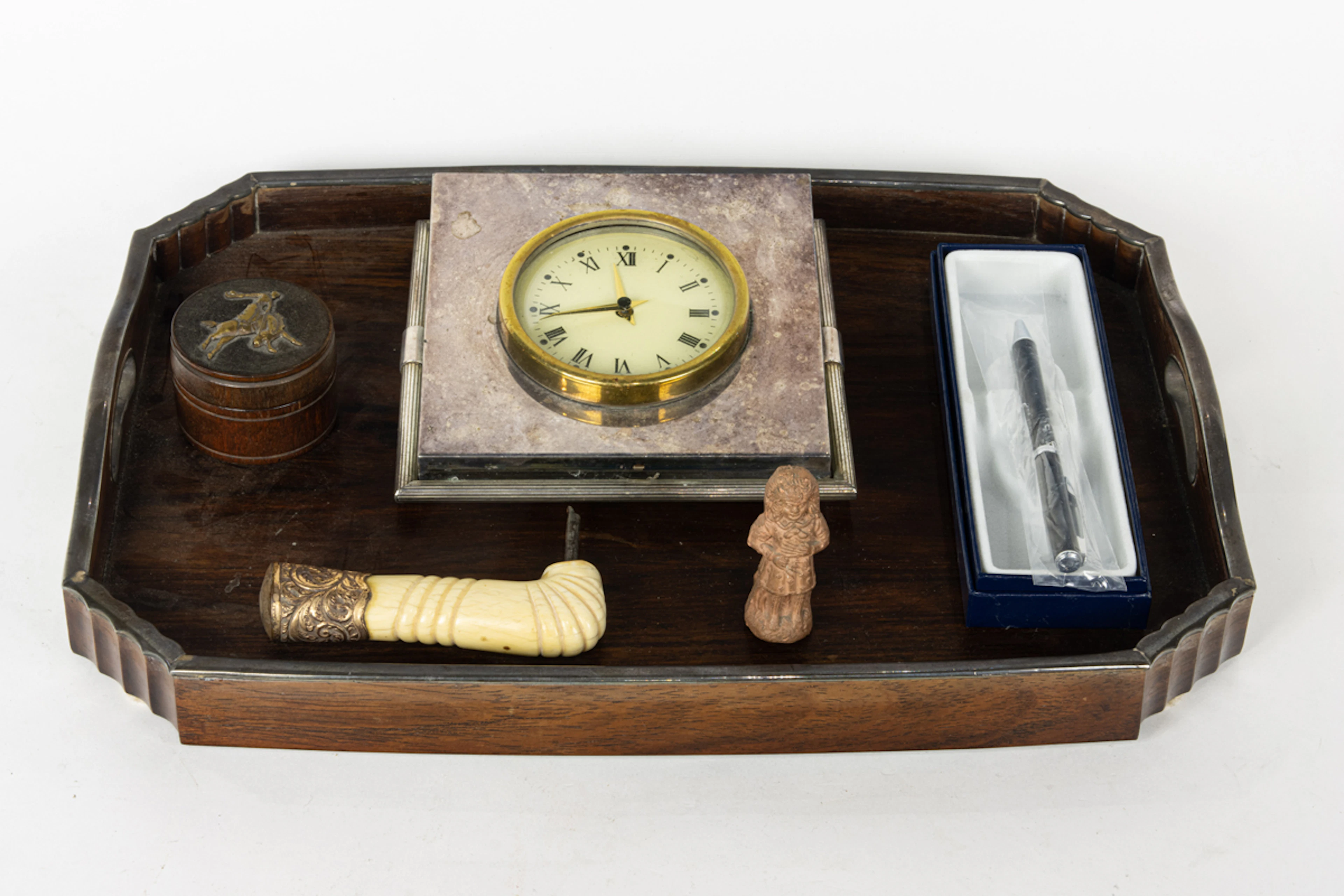 An assembled group, comprising Italian silver plated desk clock and others