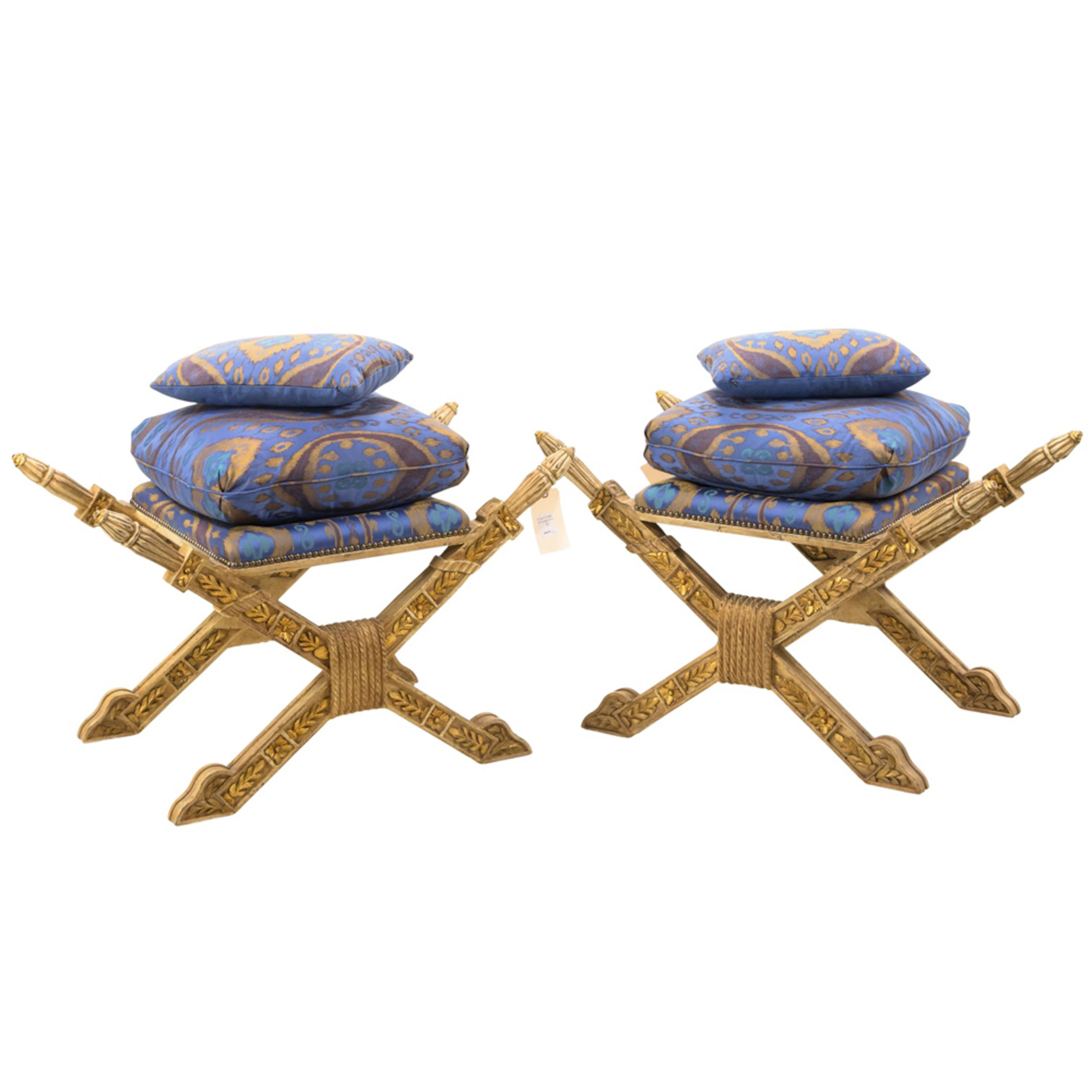 A pair of custom Empire style giltwood sabre stool and two matching