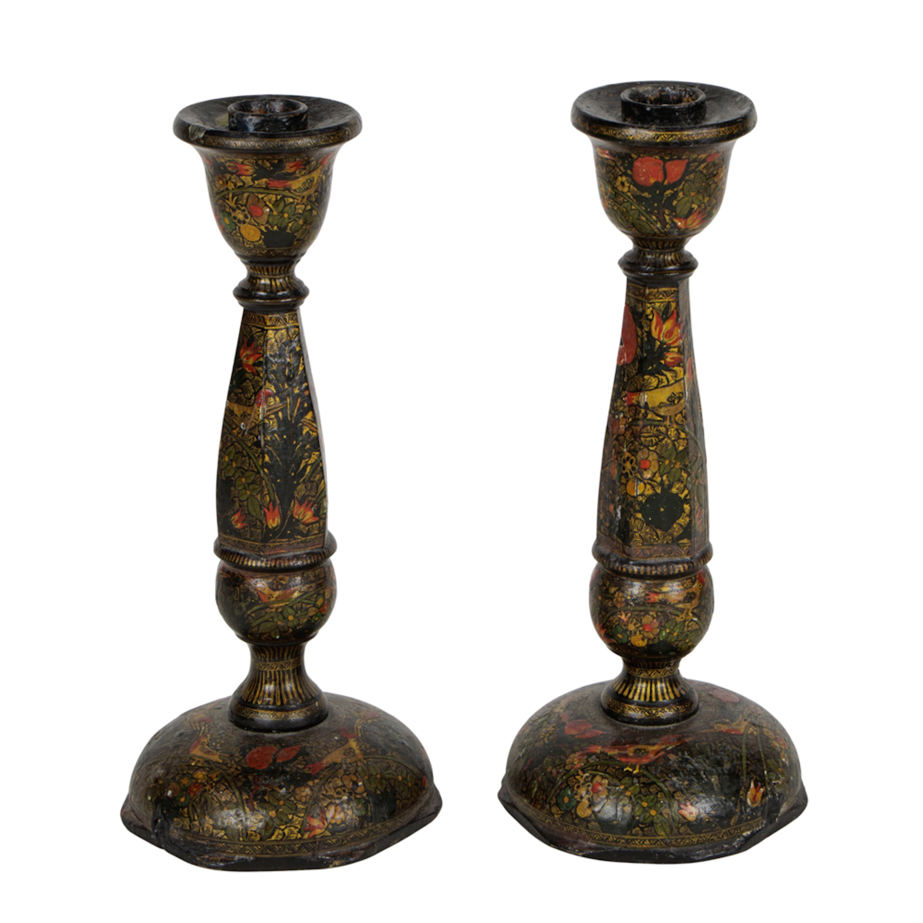 A pair of Indian Kashmir candlesticks