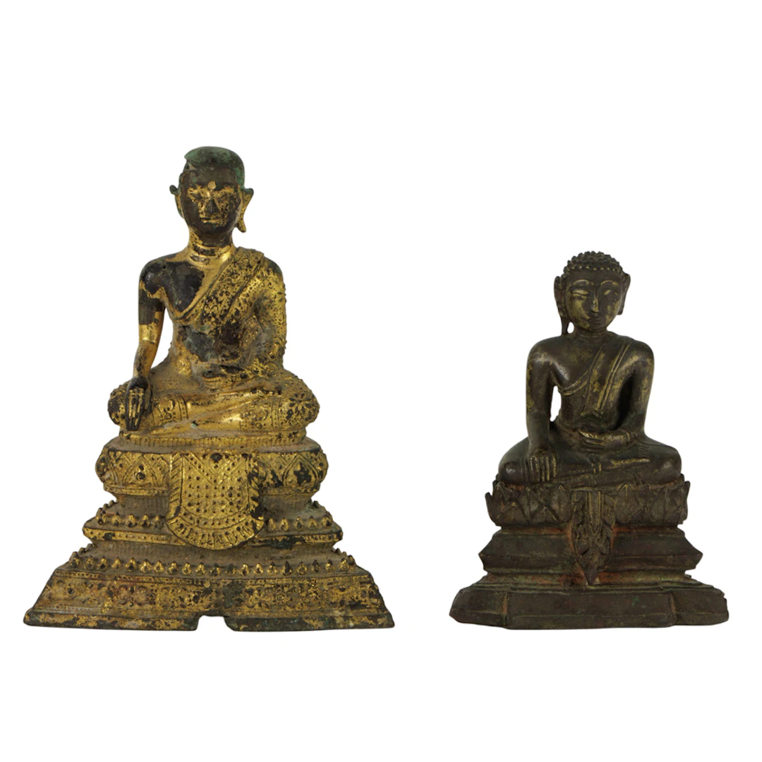 (lot of 2) Thai bronze Buddha figures. Each cast seated in a meditative