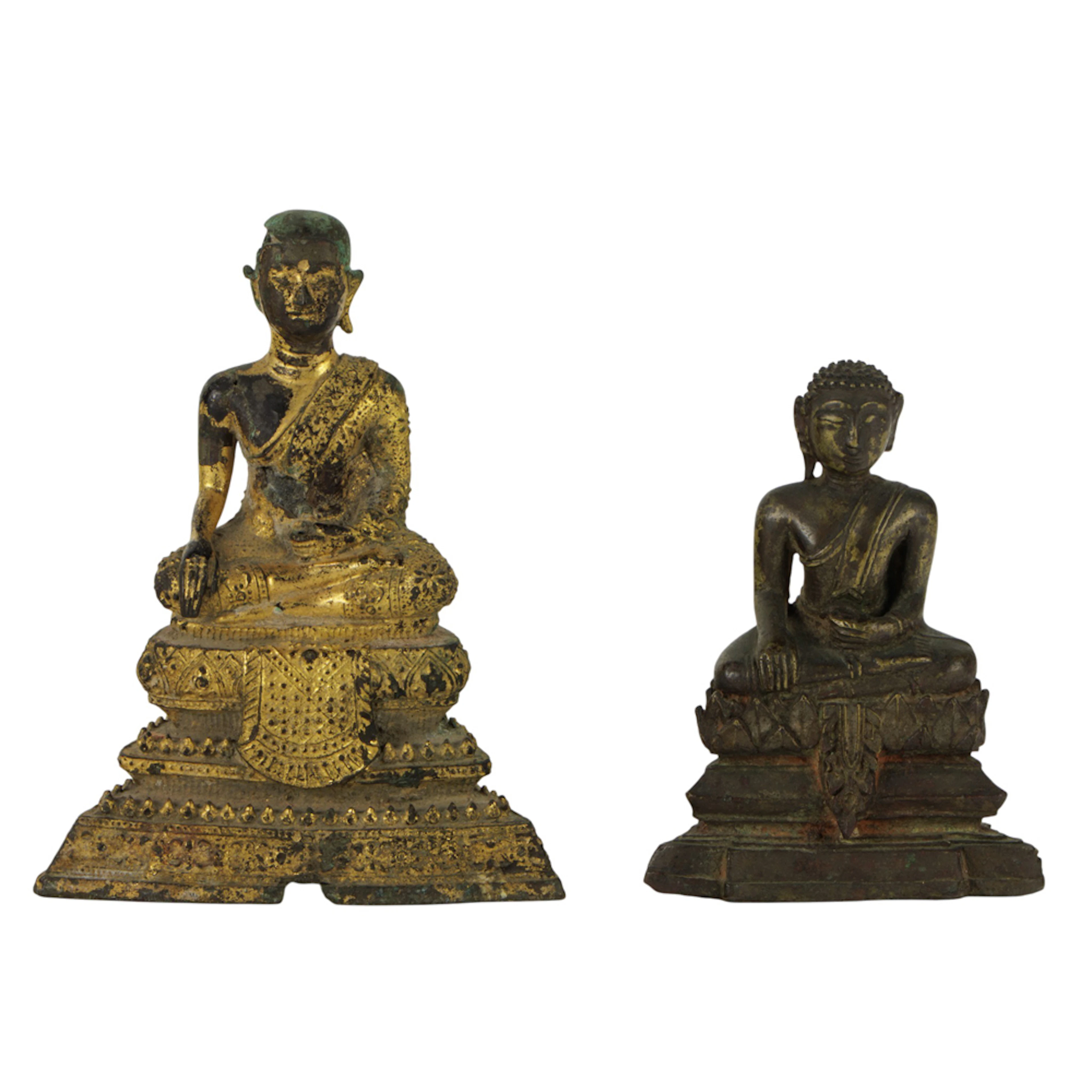 (lot of 2) Thai bronze Buddha figures. Each cast seated in a meditative