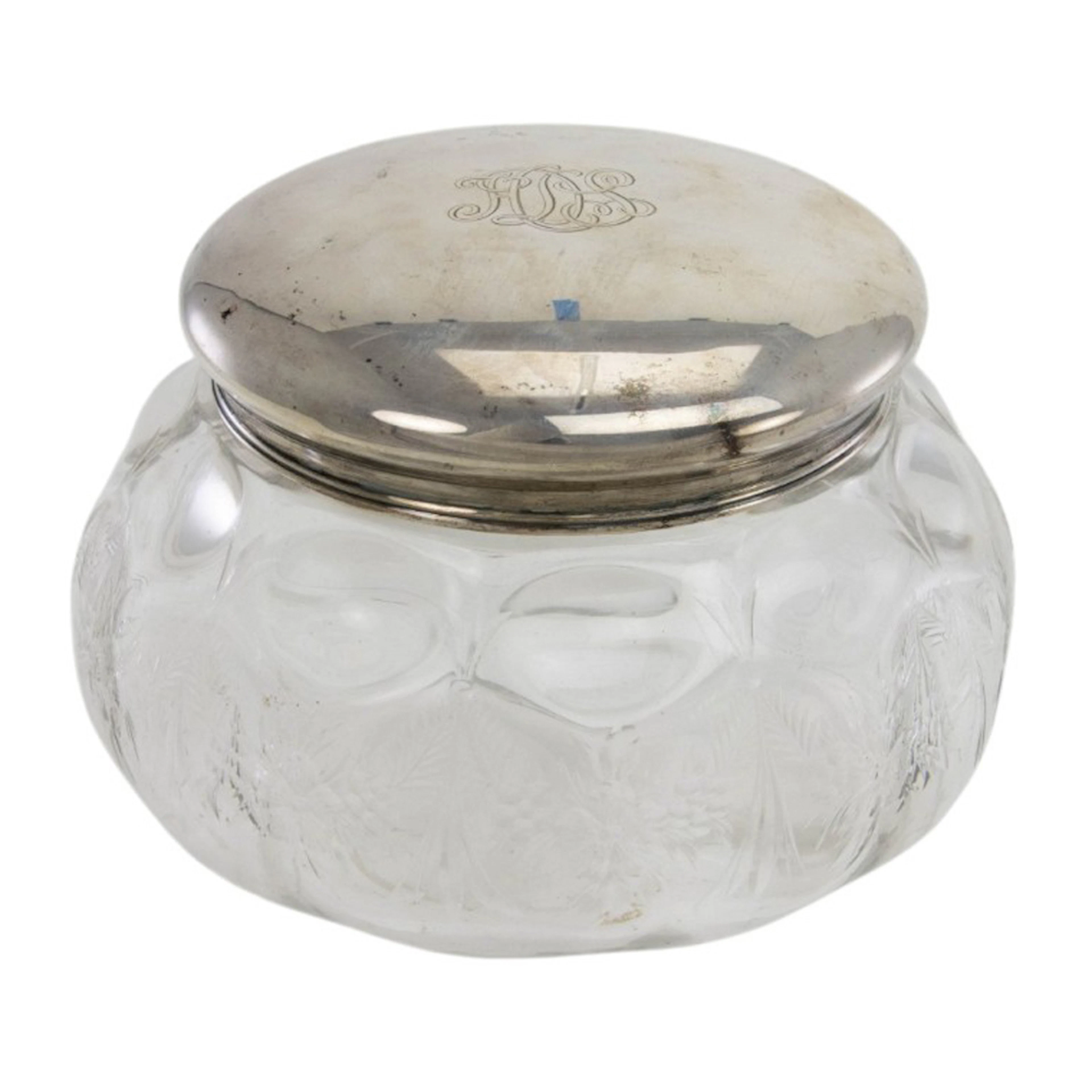 A cut glass lady's bath powder jar with sterling lid, Tiffany & Co.