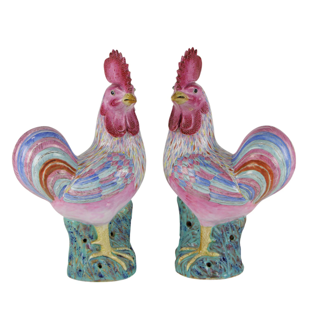 A pair of Chinese export famille rose rooster figures