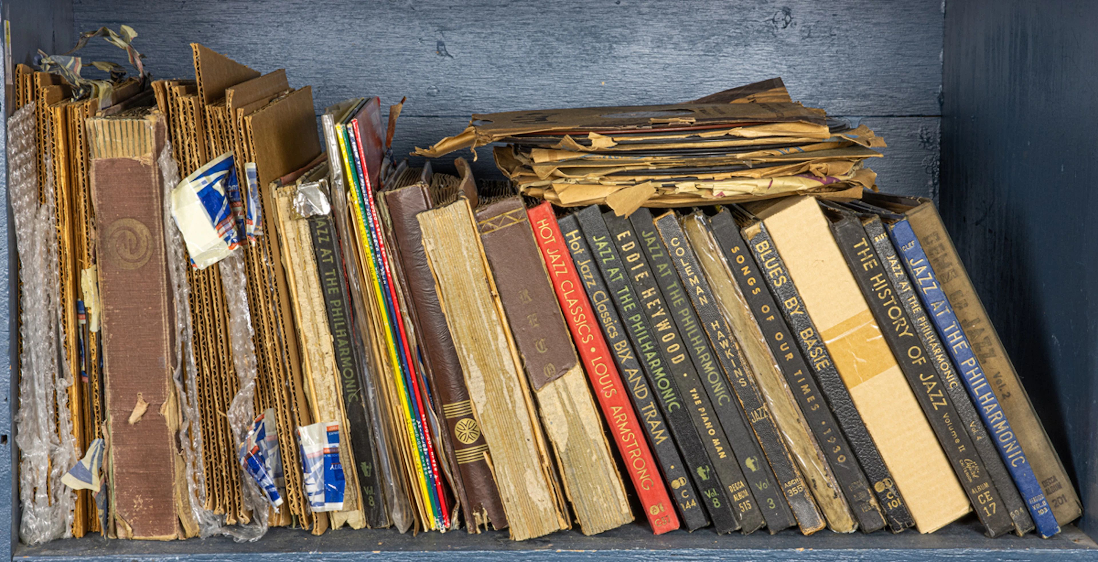 One shelf of 1940's - 50's jazz albums, including 3-4 album sets such