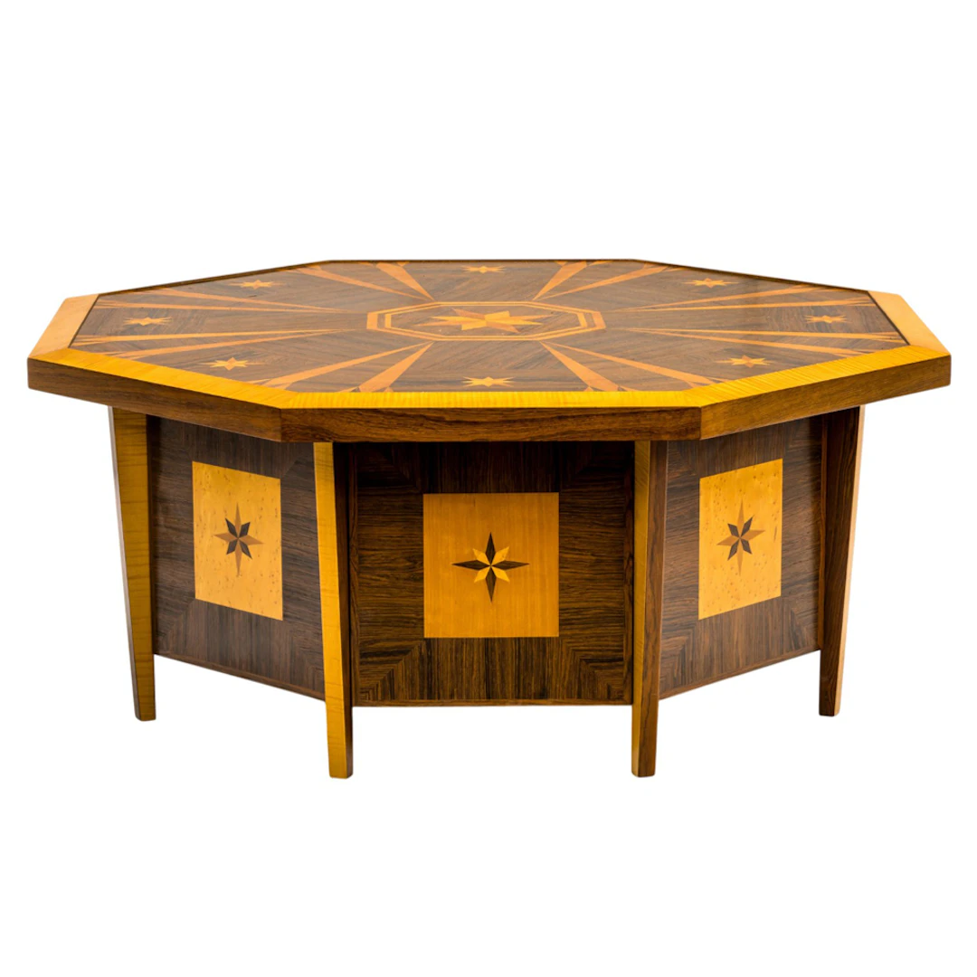 A Studio Craft mixed-wood inlaid octagonal coffee table