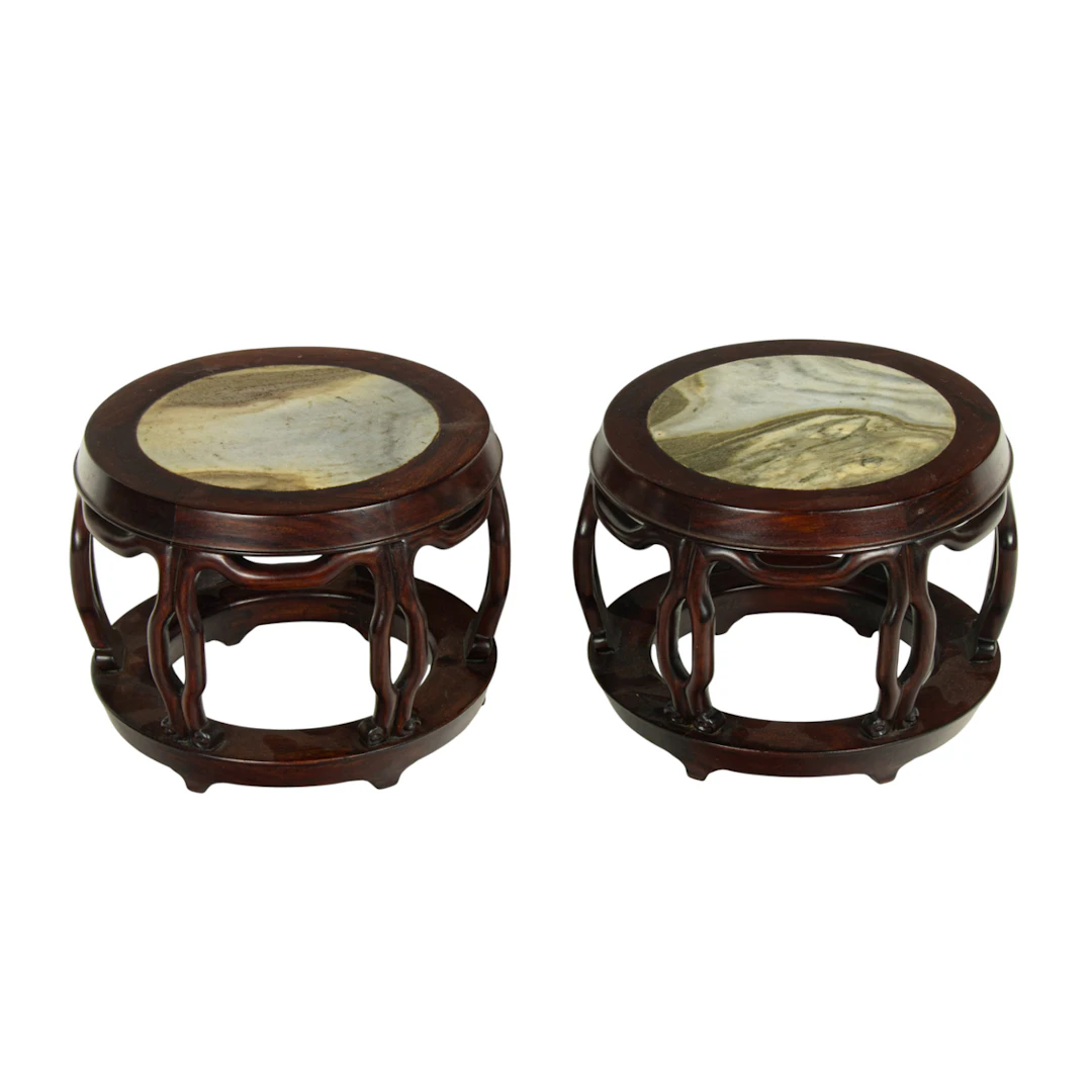 (lot of 2) Chinese marble and hardwood stands