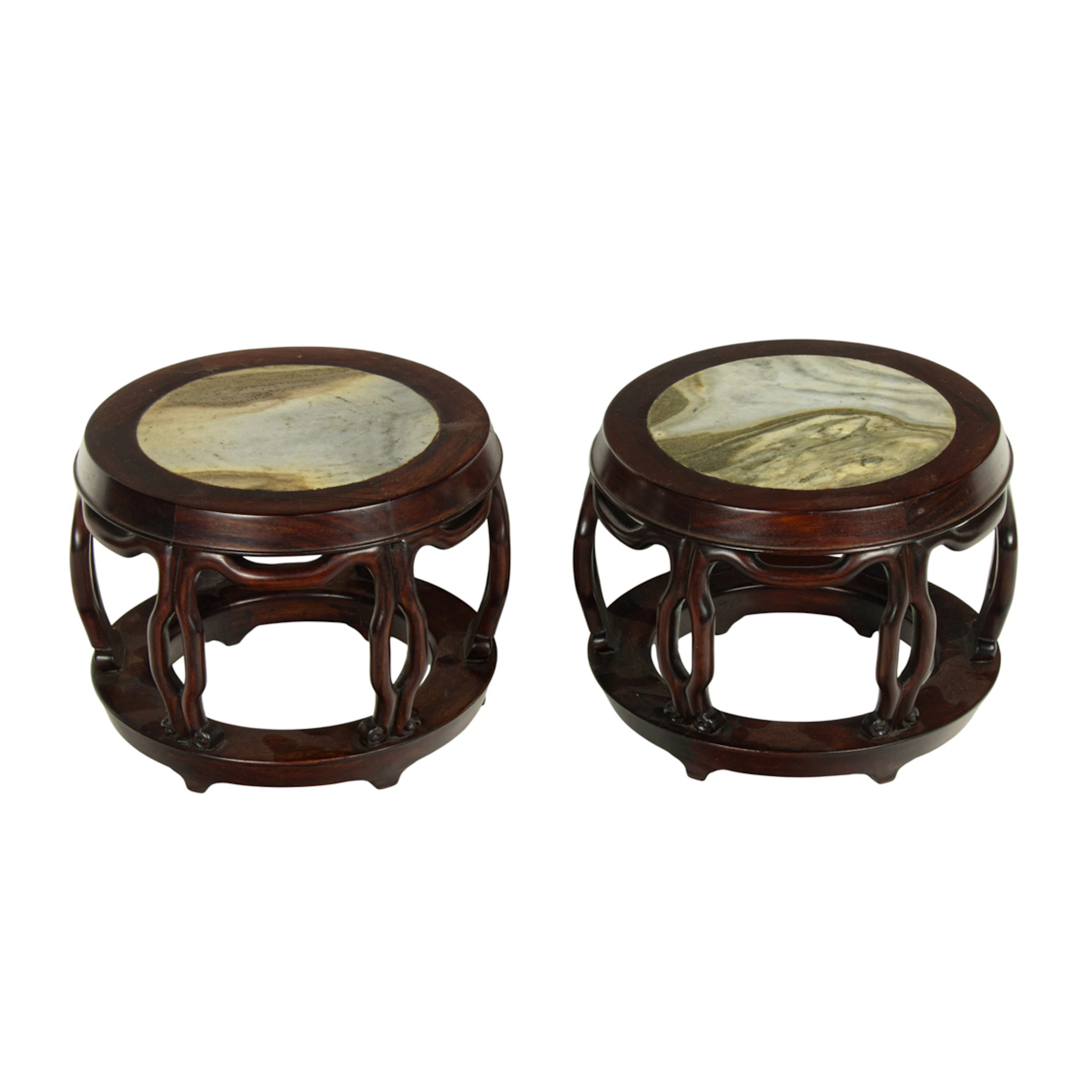 (lot of 2) Chinese marble and hardwood stands