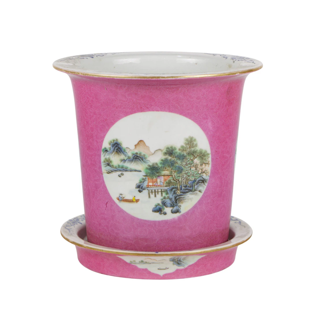 A Chinese famille rose pink ground planter and tray