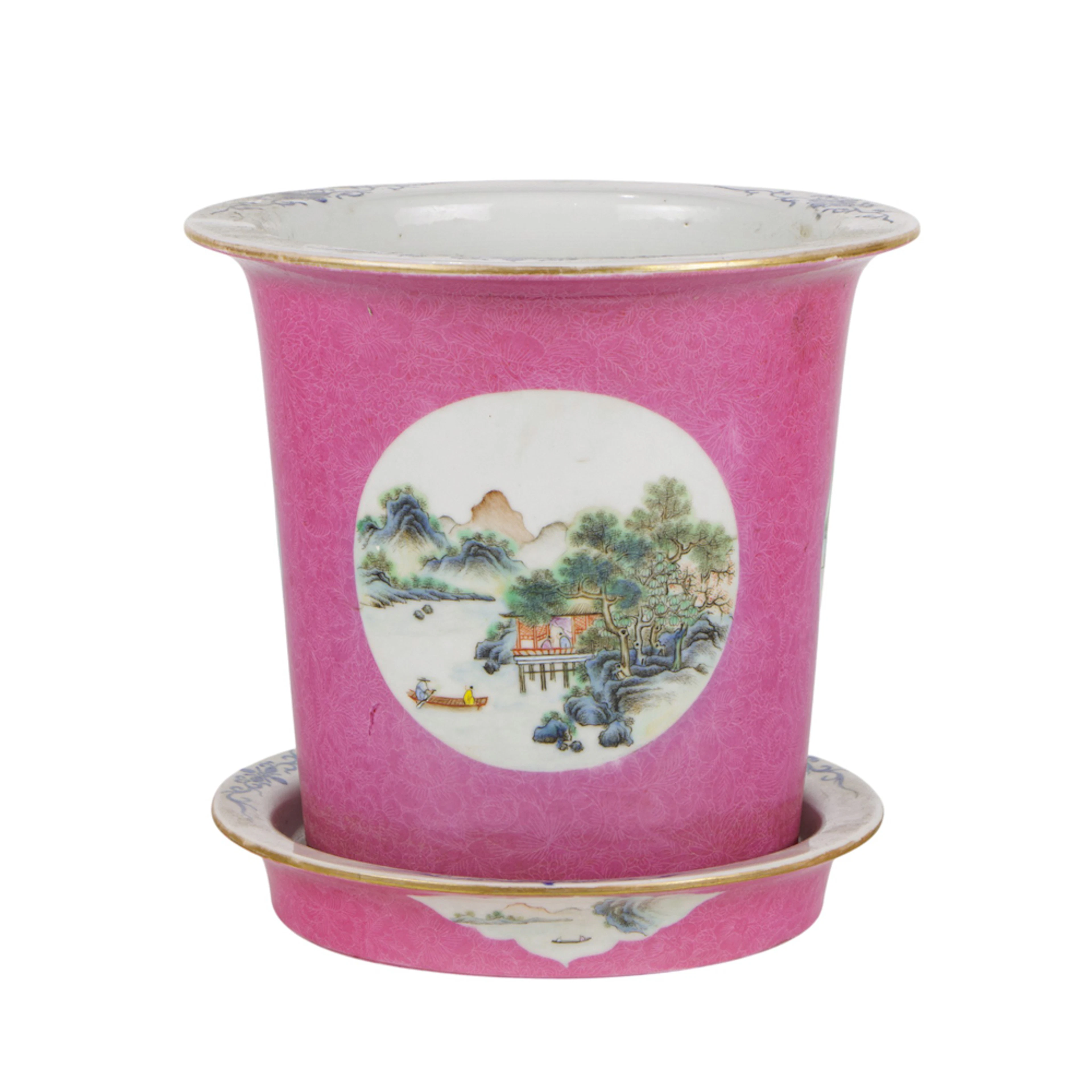 A Chinese famille rose pink ground planter and tray
