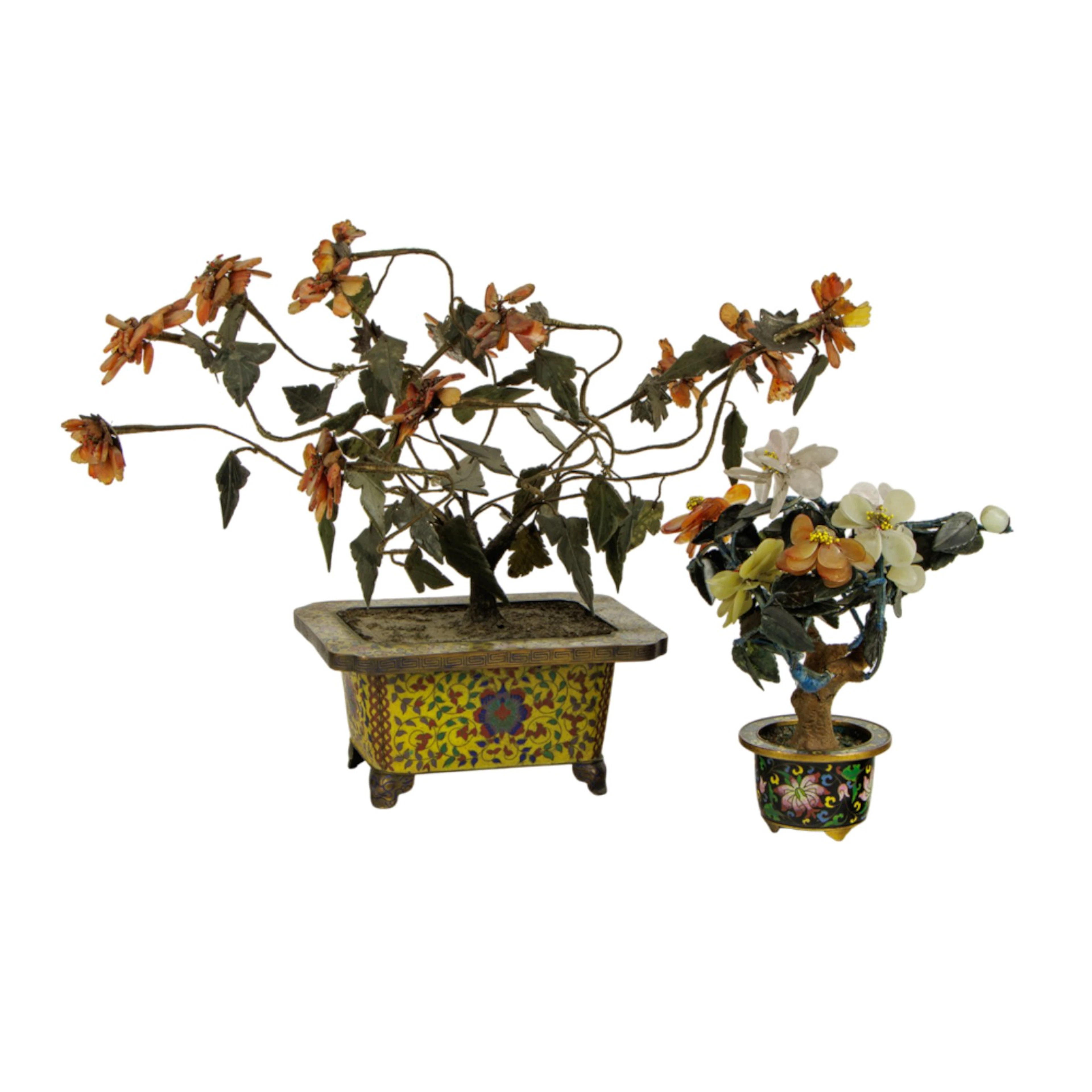 (lot of 2) Chinese cloisonne and jade trees