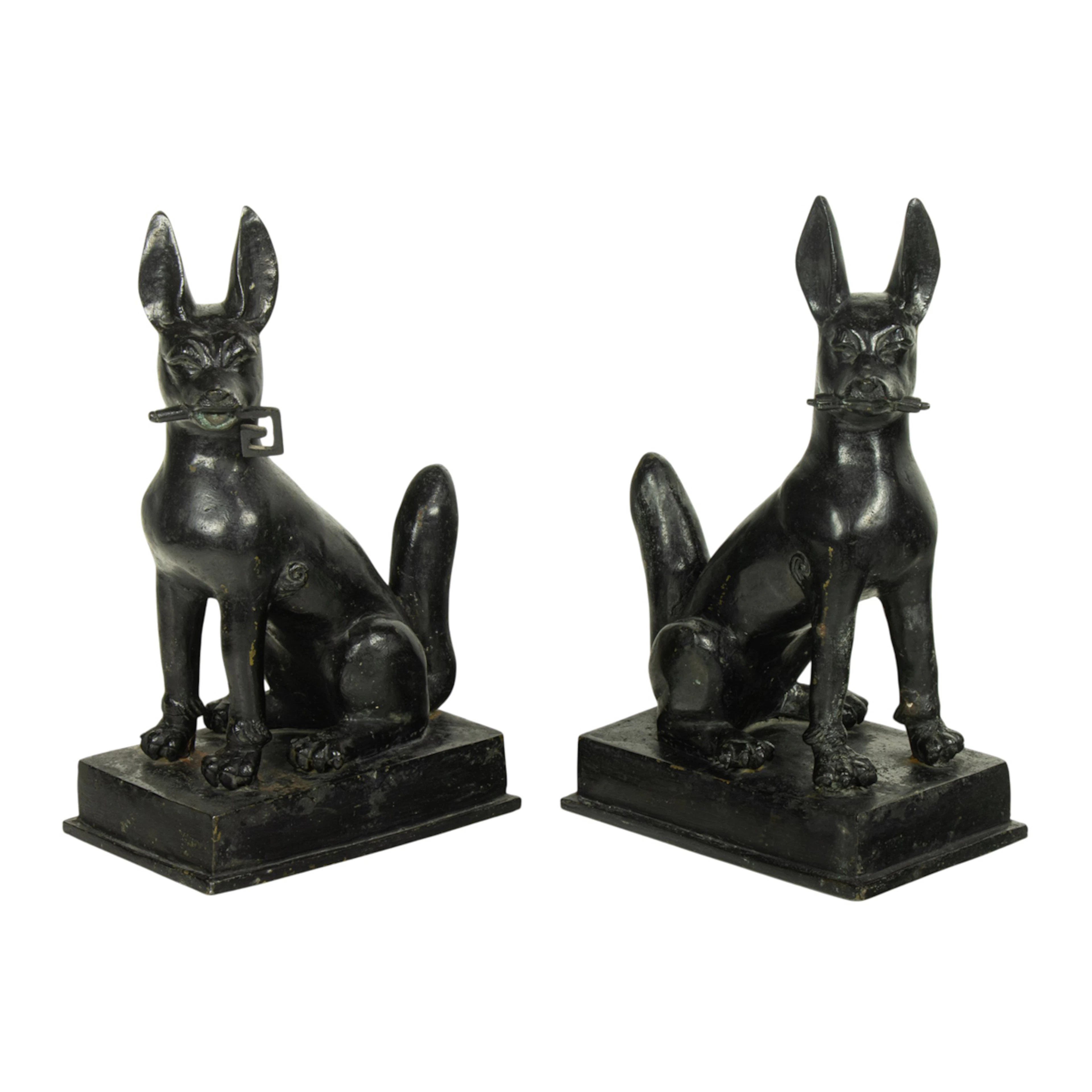 A pair of Chinese painted bronze dog figures
